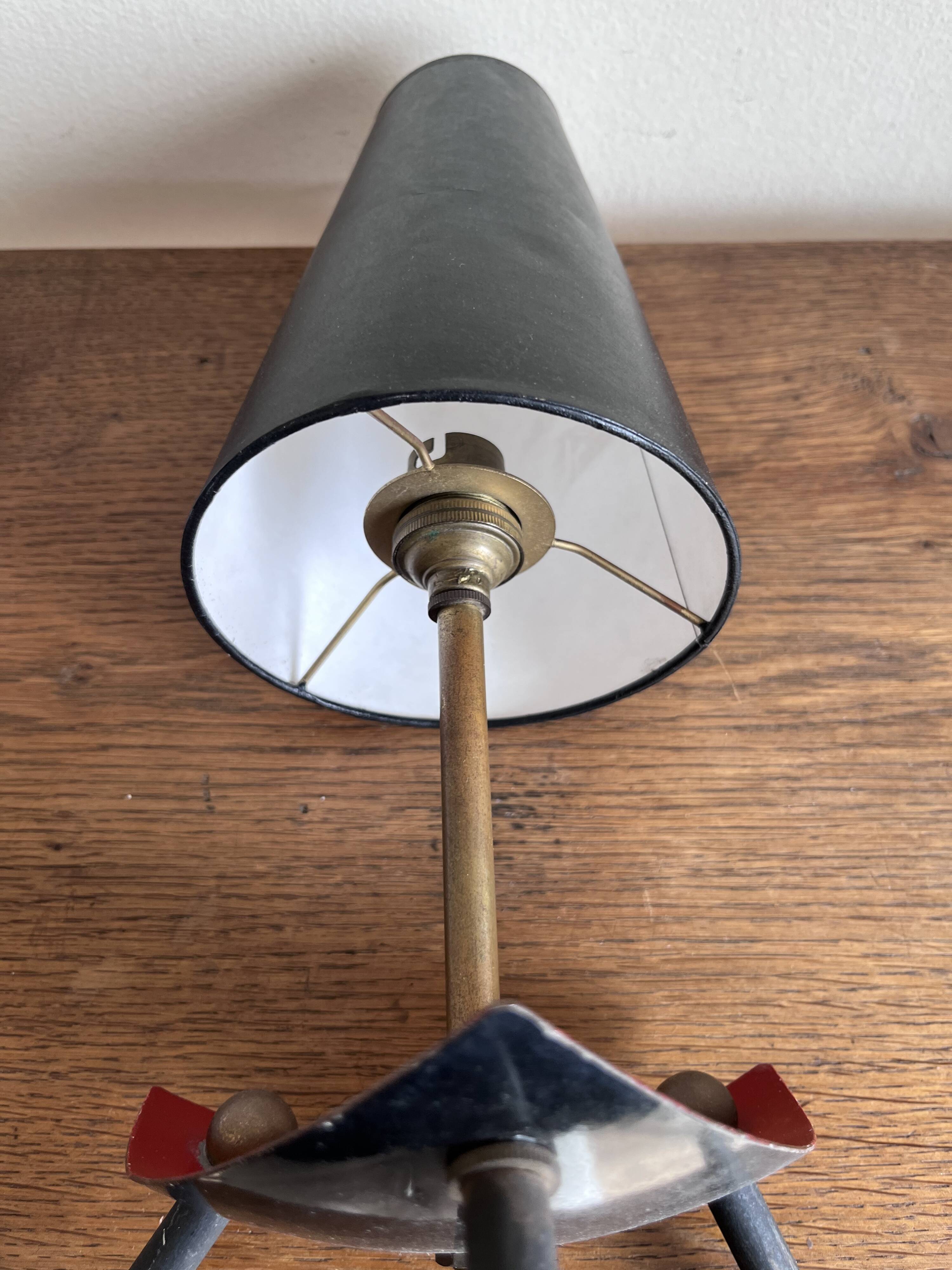 1950s modernist tripod lamp made of sheet metal and brass.