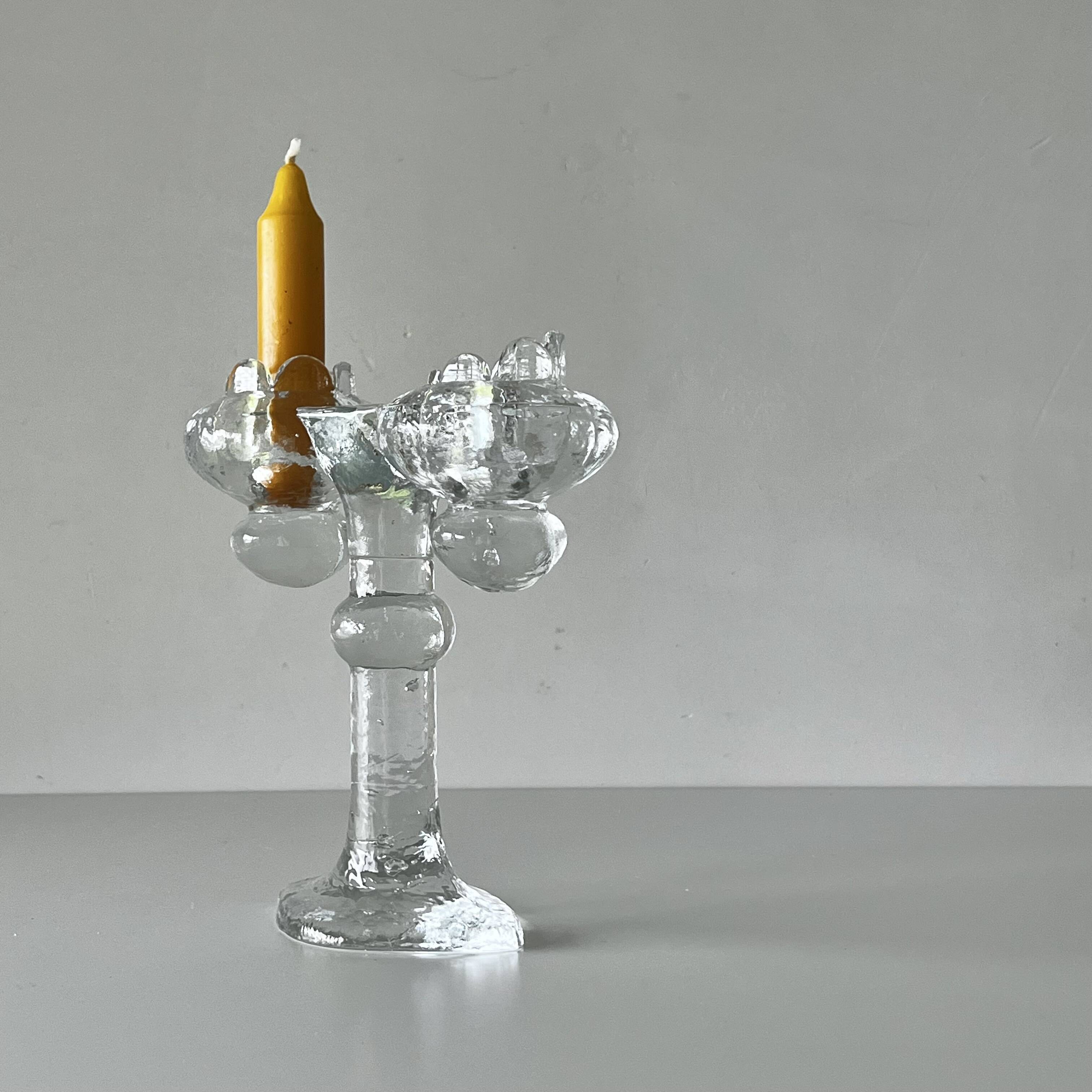 Brutalist double candle holder in ice glass Pukeberg Sweden – 1970