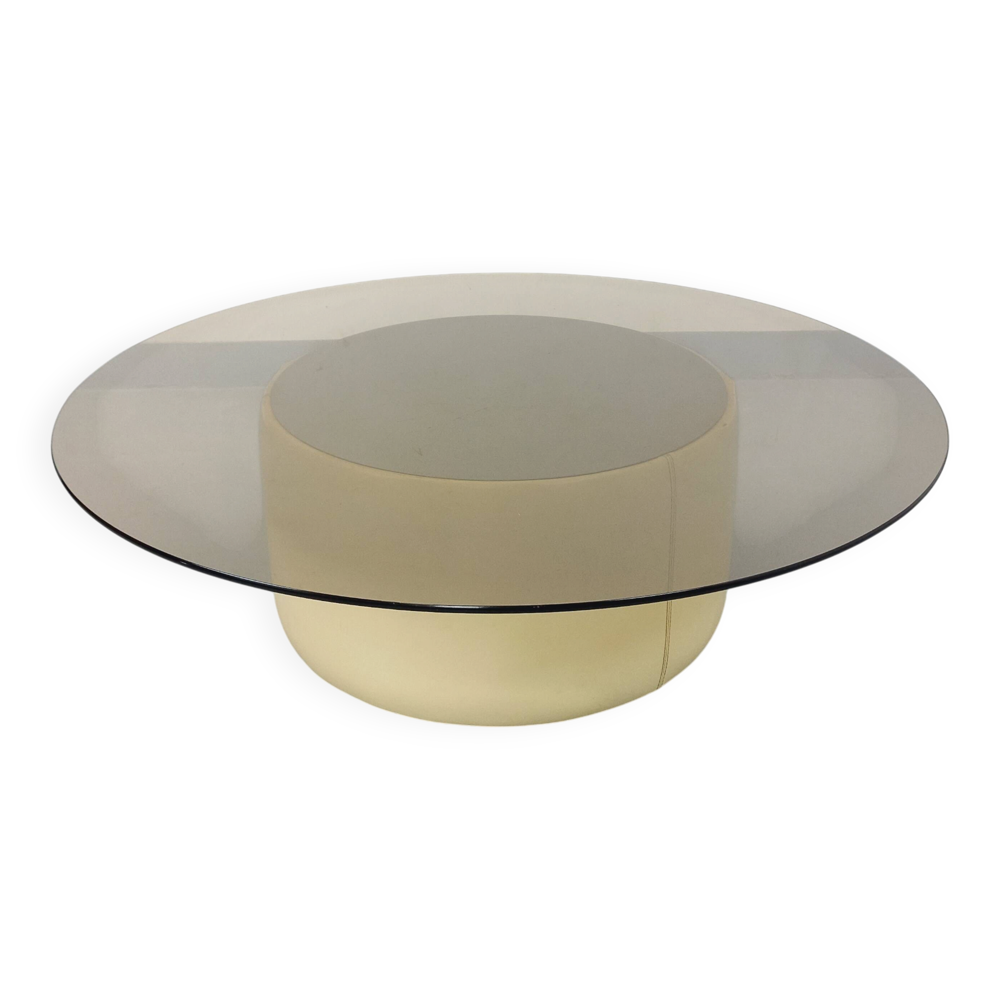 Vintage round coffee table in glass, leather, and metal in Space Age style from the 70s.