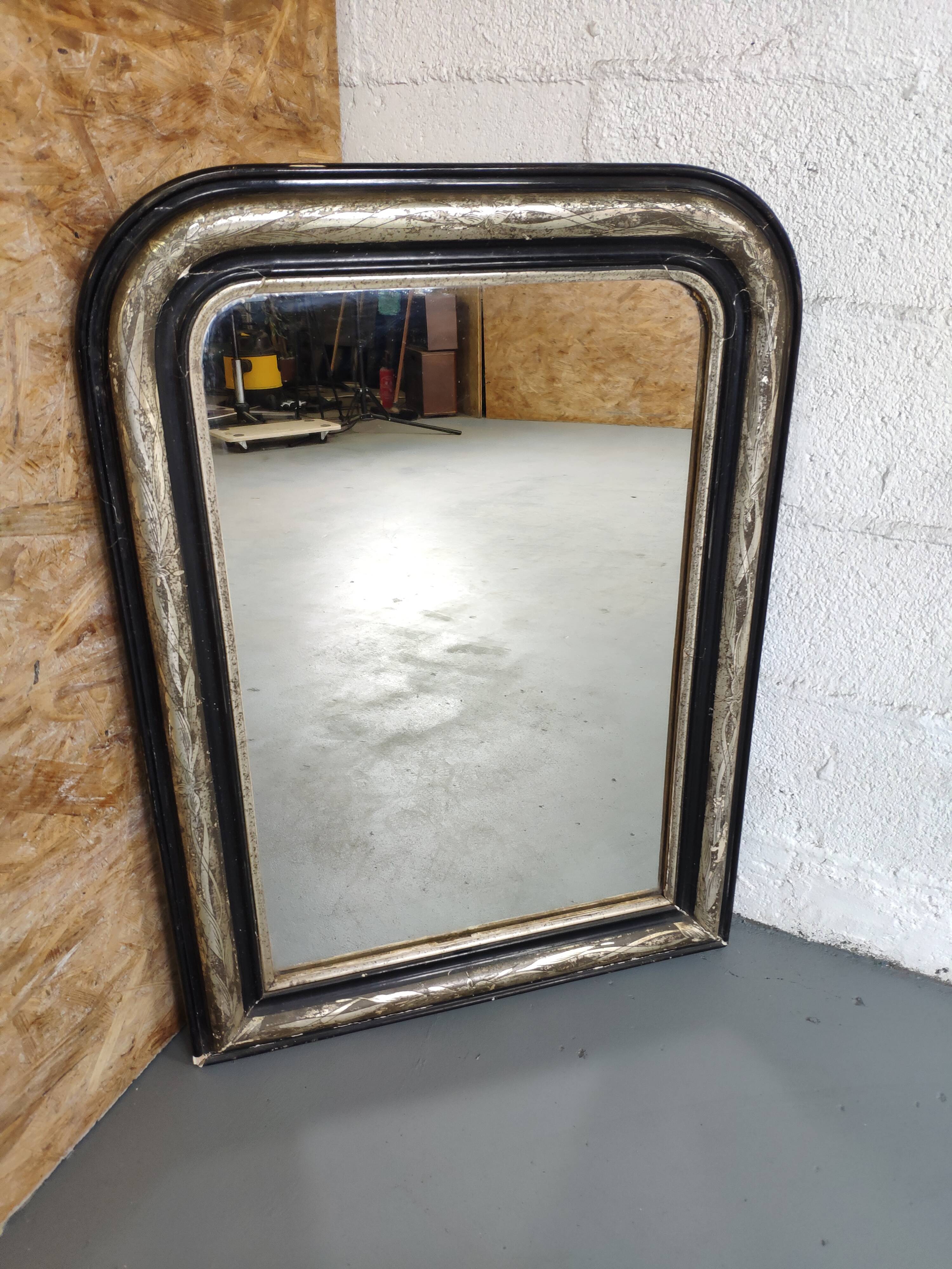 Mirror Louis-Philippe black wood and silver carved