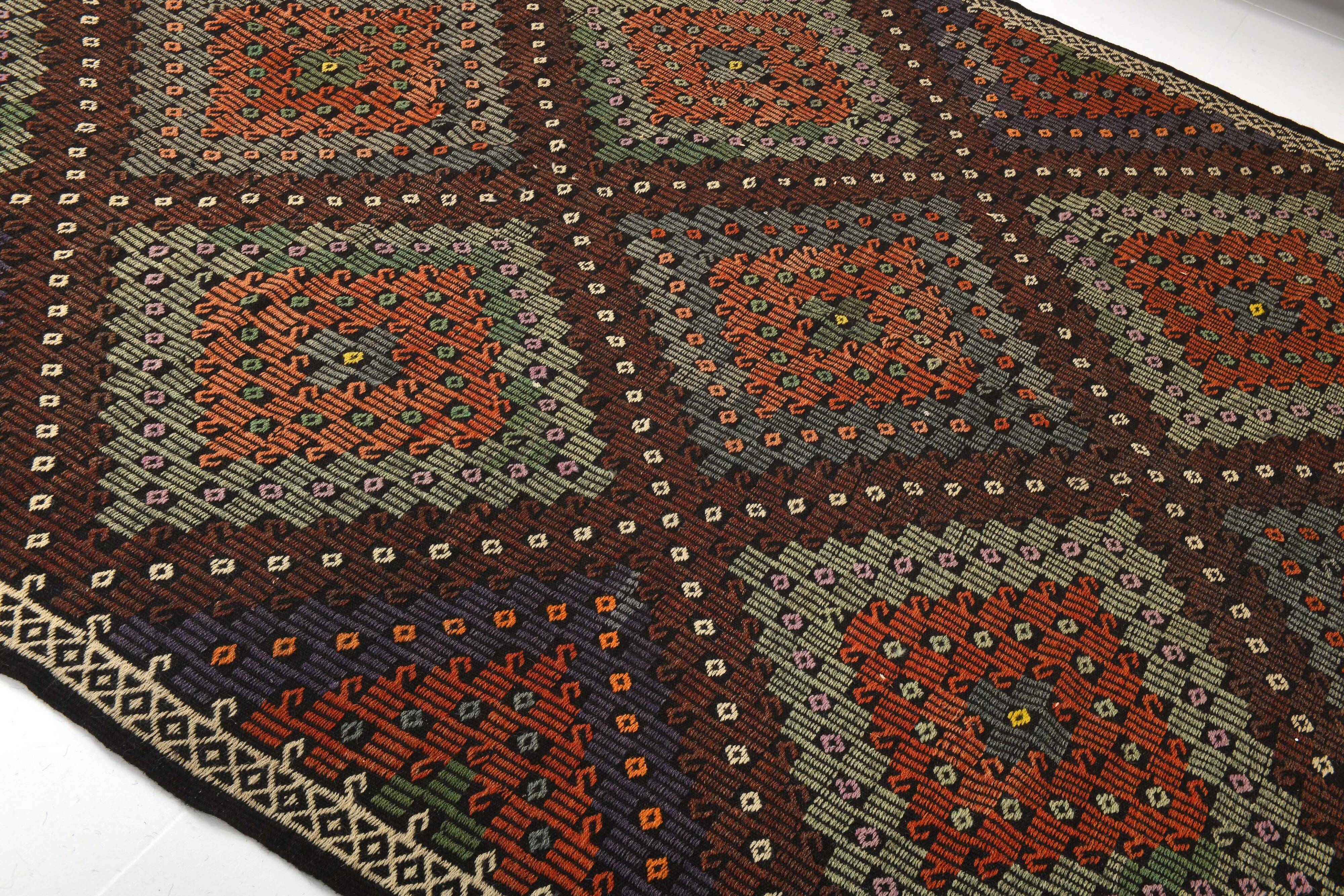 Tapis Kilim vintage fait main bordeaux et vert 7x10, 220x296 cm