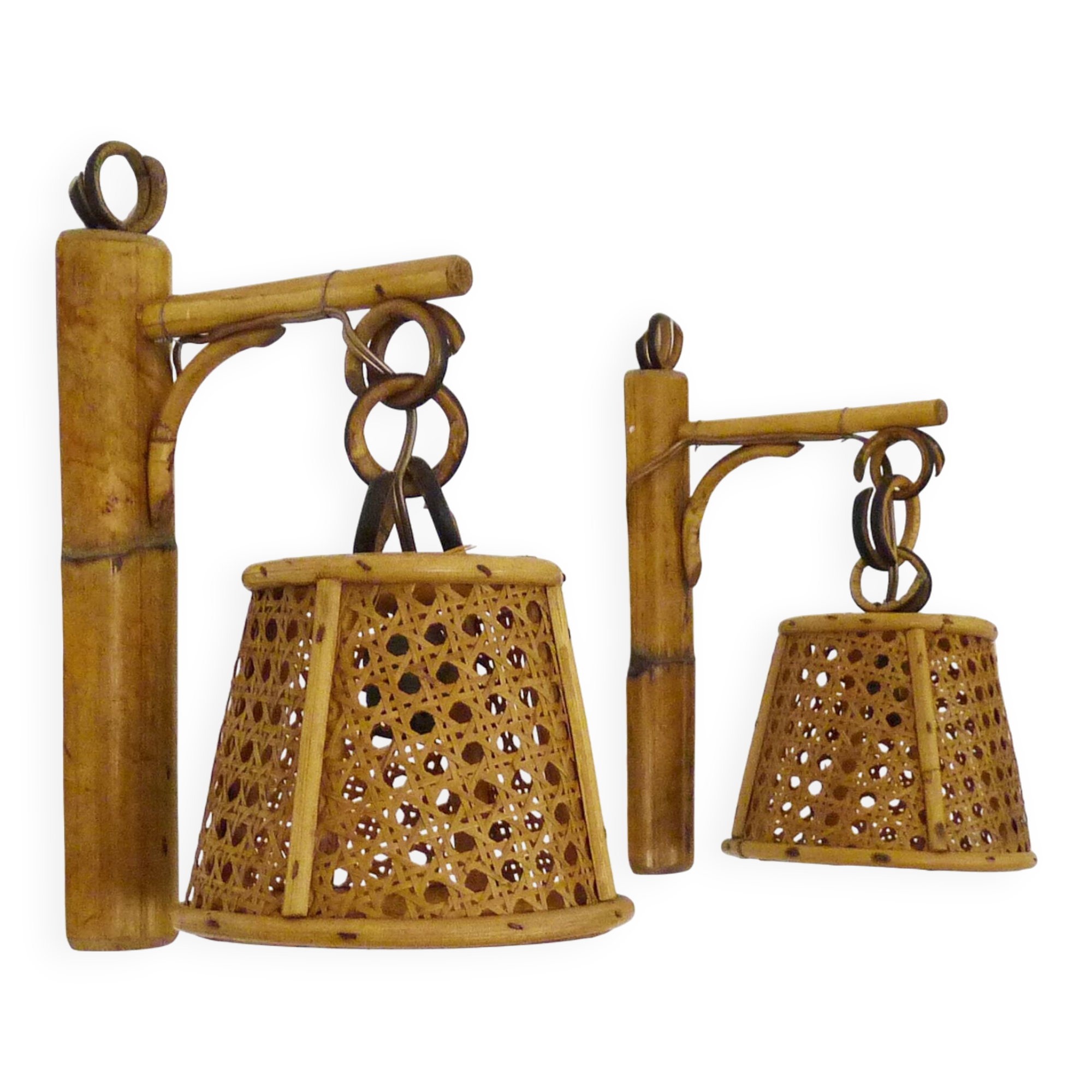 Pair of rattan and cane lantern wall lights. 1950s-60s