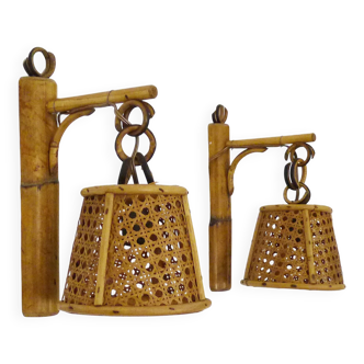 Pair of rattan and cane lantern wall lights. 1950s-60s