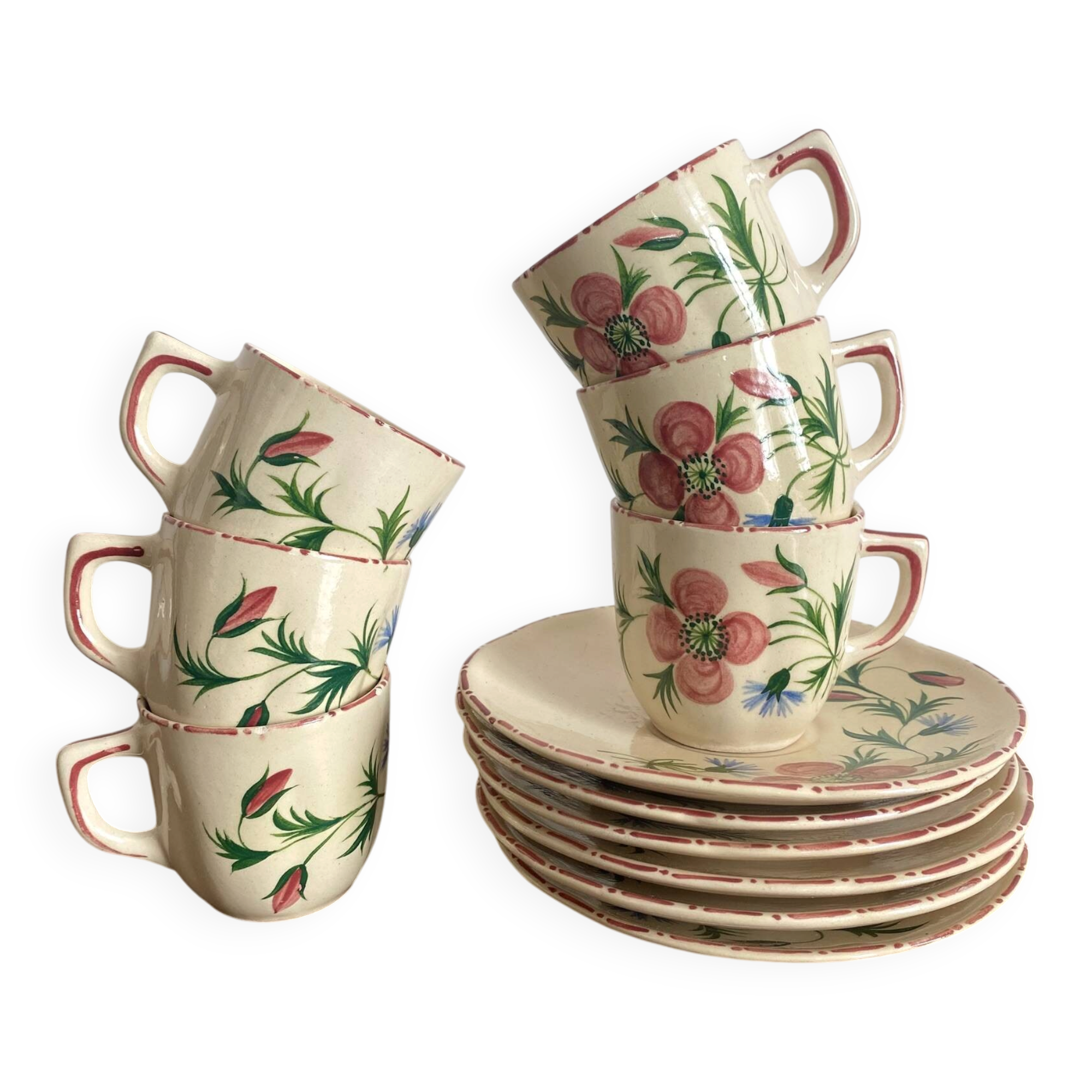 Coffee cups and saucers in Desvres earthenware.