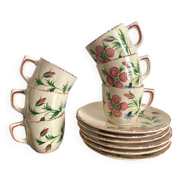 Coffee cups and saucers in Desvres earthenware.