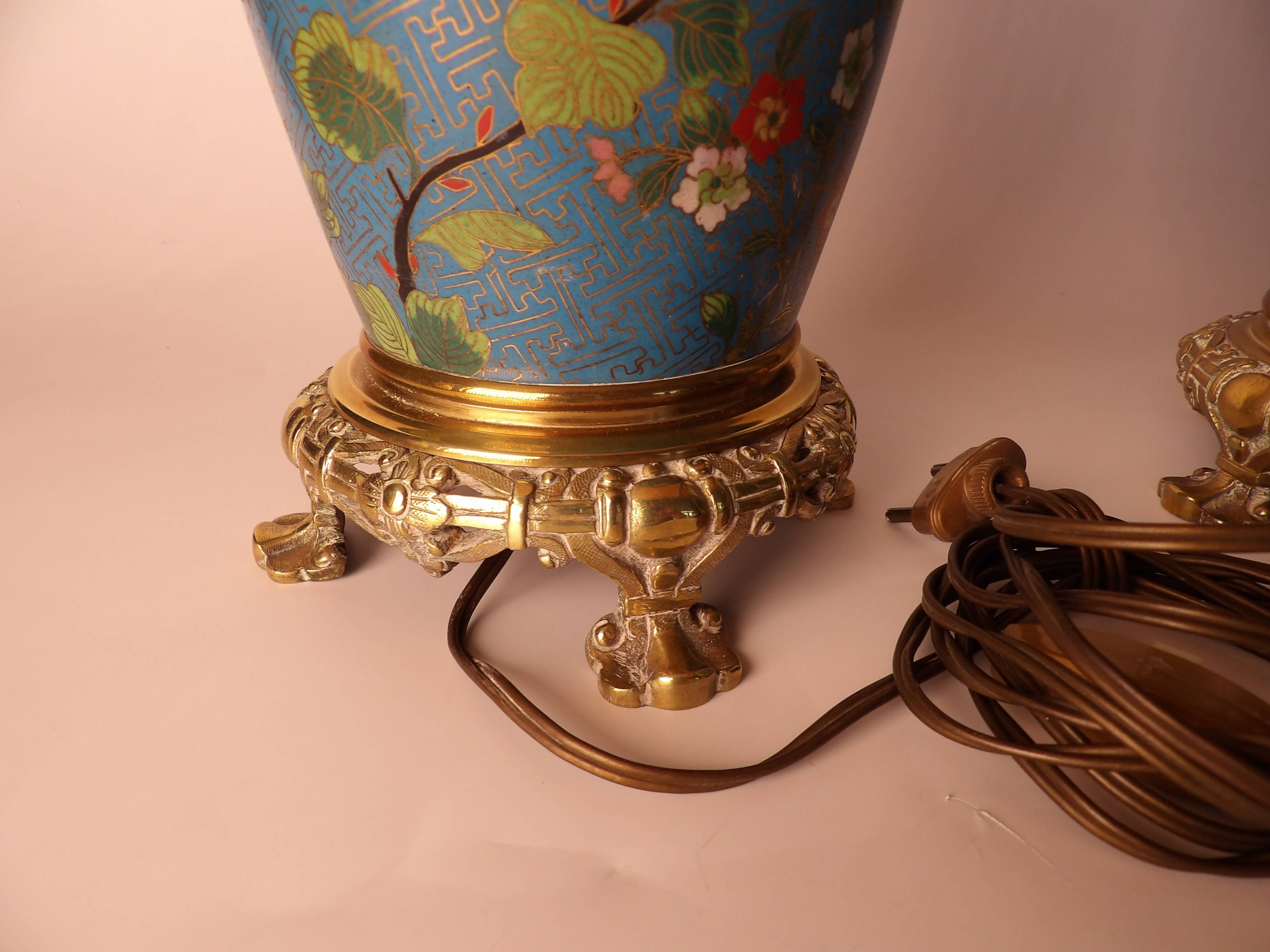 Pair of Asian style lamps in cloisonné and bronze