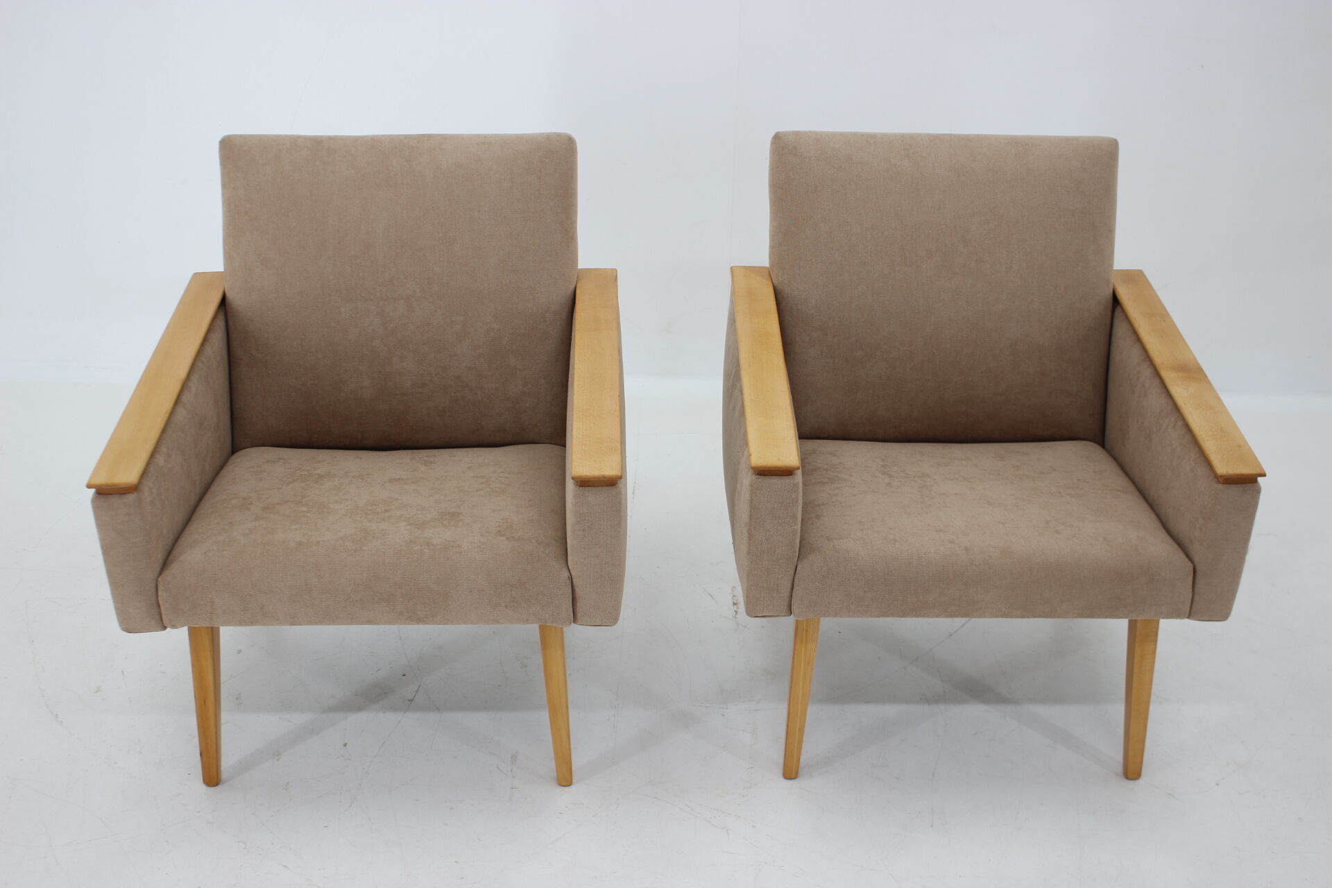 Pair of minimalist mid-century armchairs, czechoslovakia