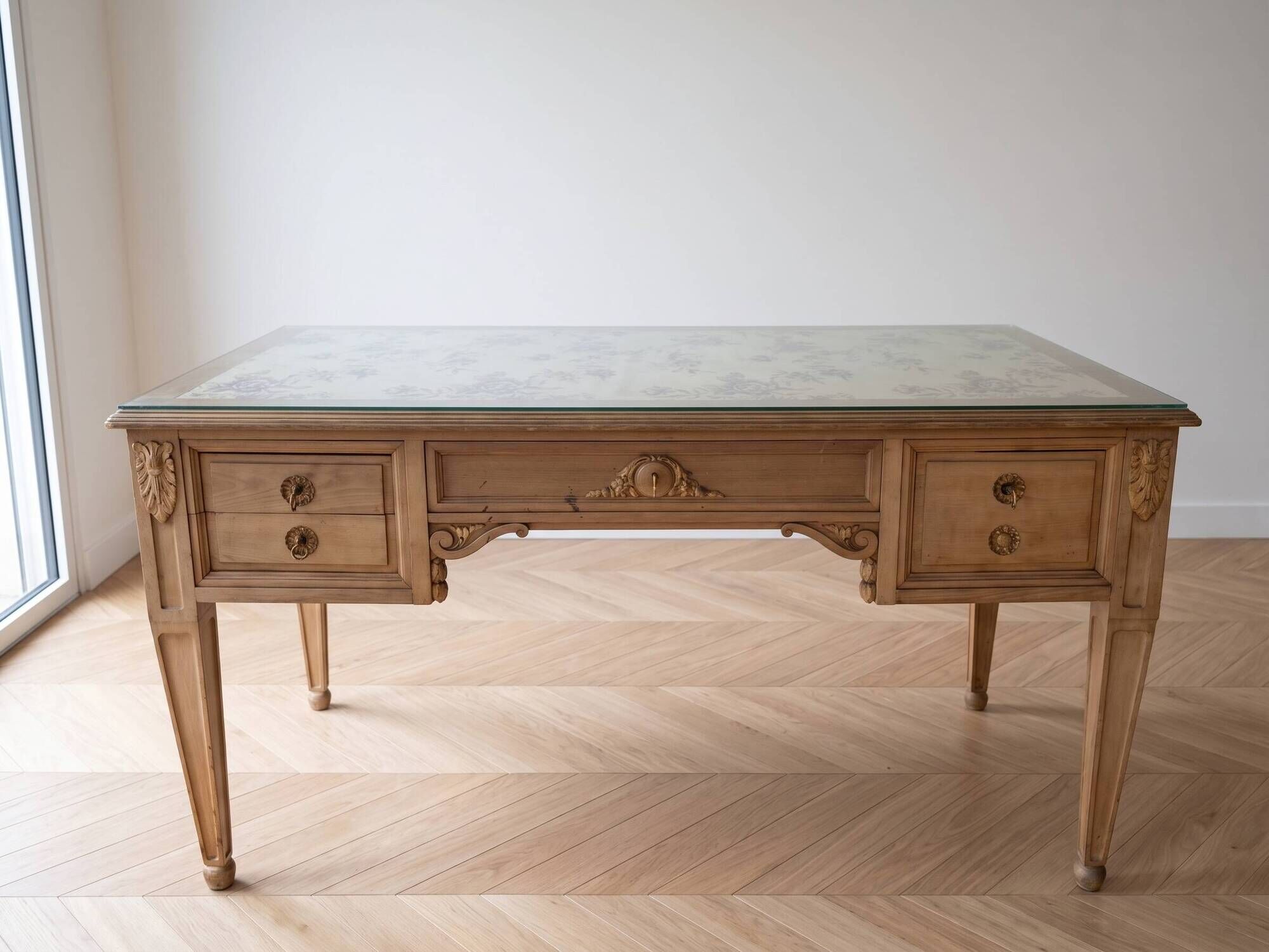 Solid wood desk with glass top and sculptures.