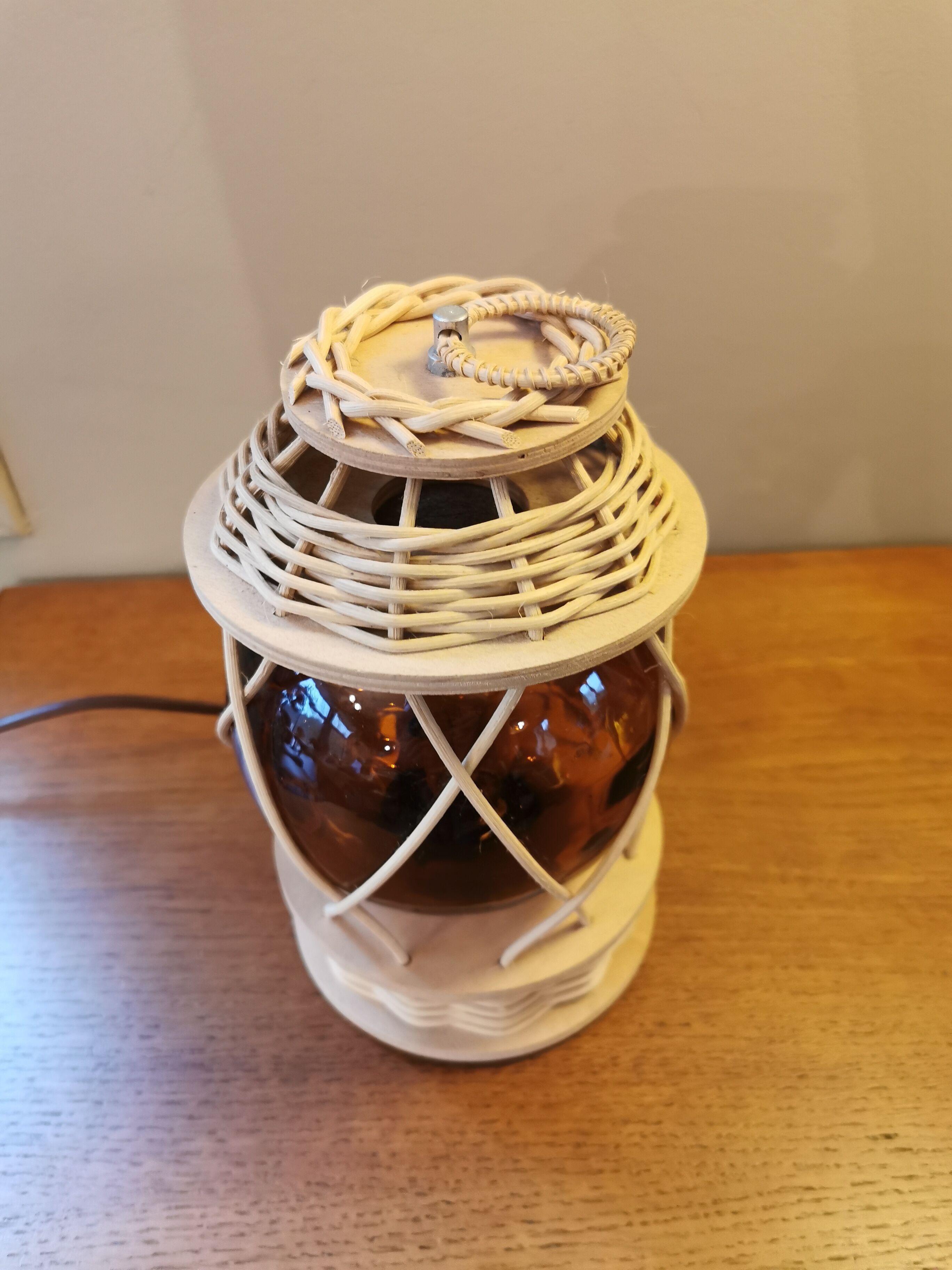 Vintage wooden and wicker lamp