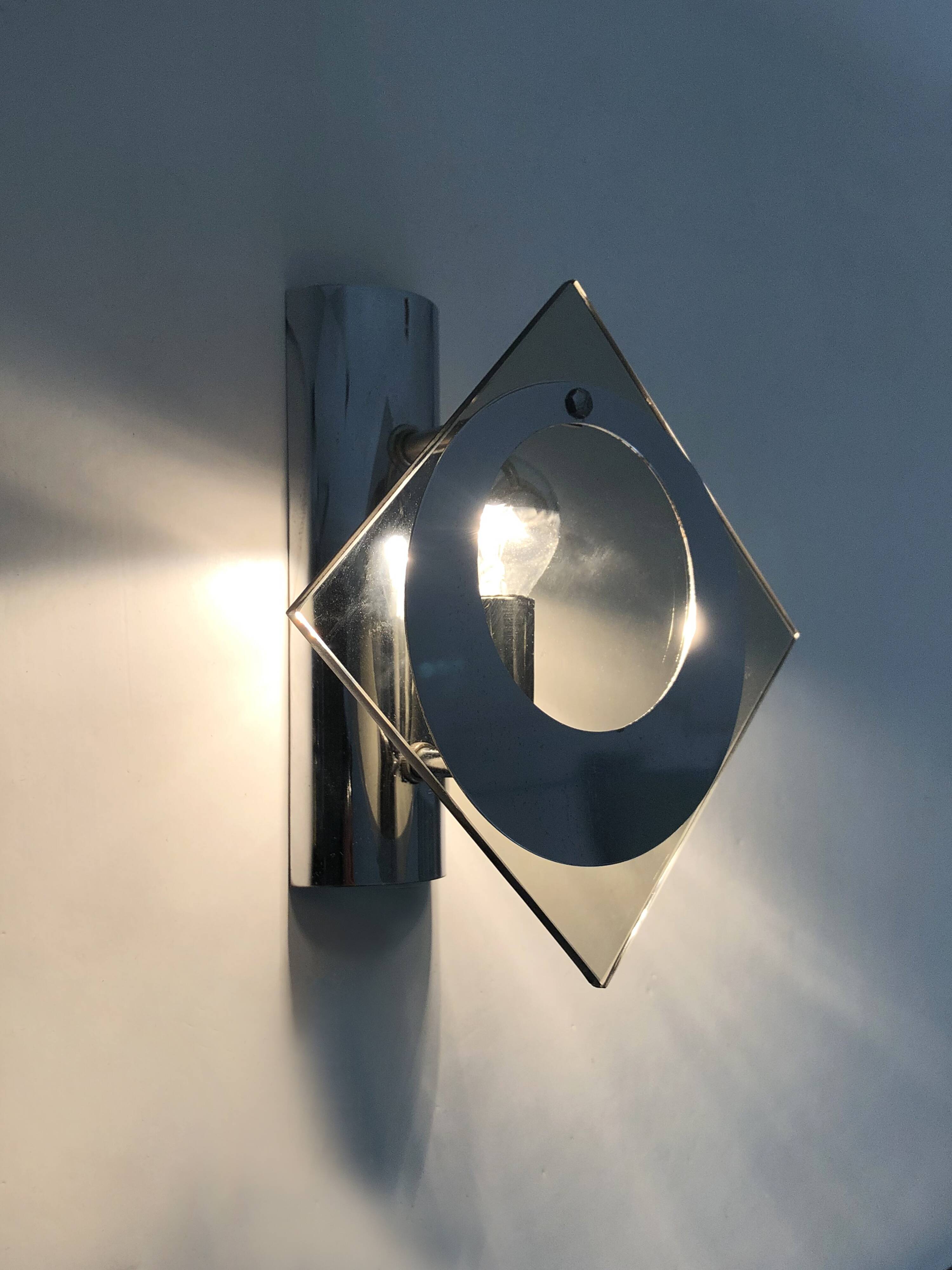 Pair of chrome metal and glass wall sconces, VECA Fontana Arte style.
