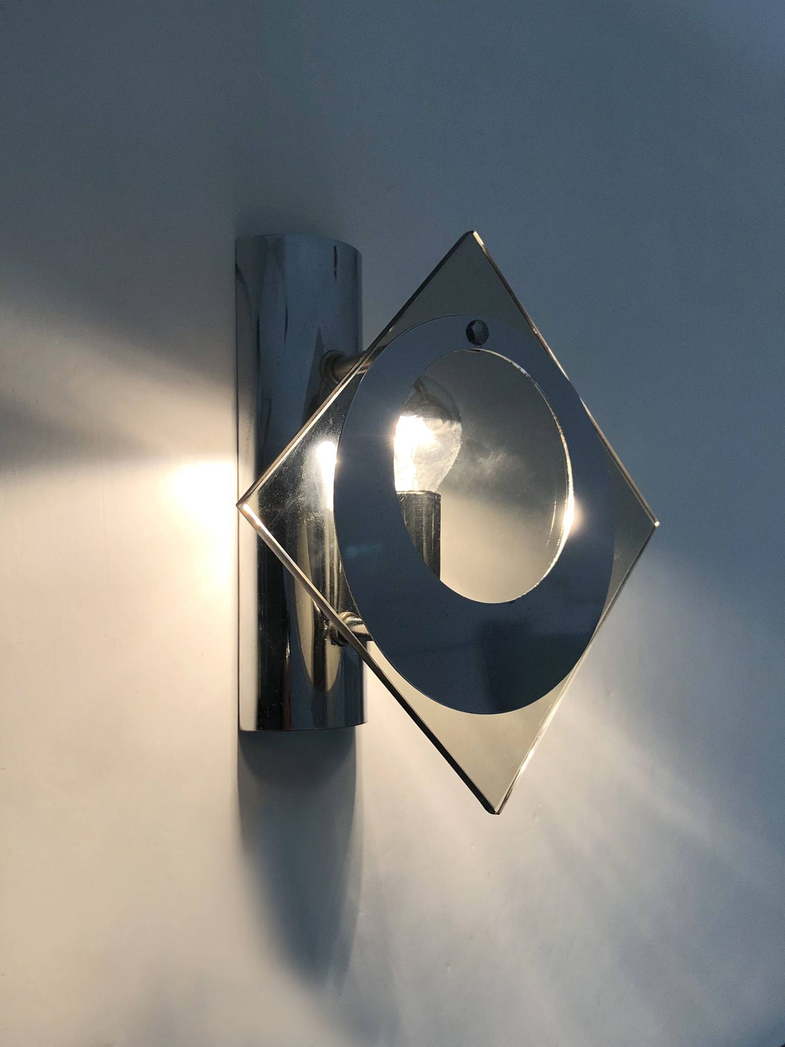 Pair of chrome metal and glass wall sconces, VECA Fontana Arte style.