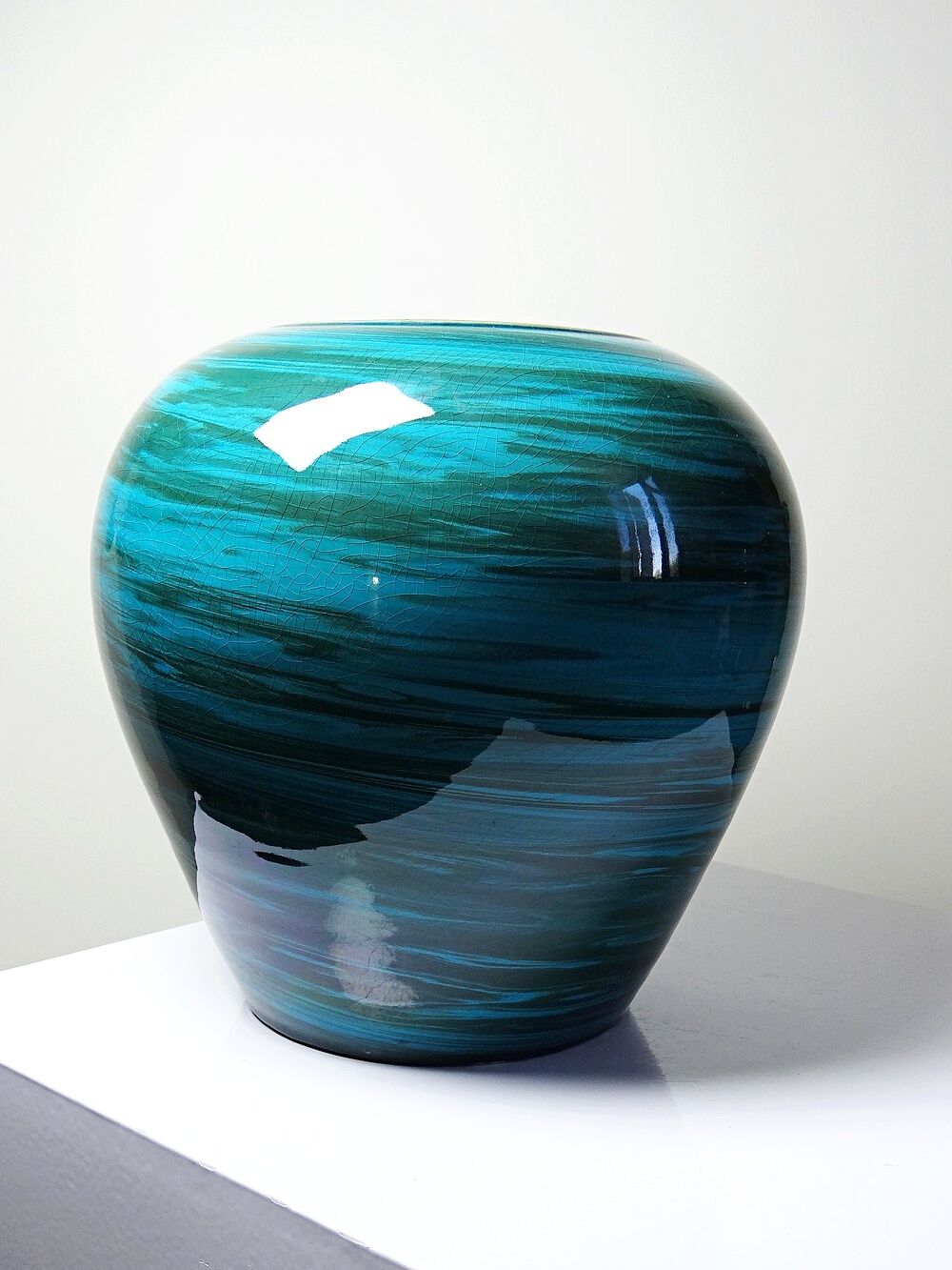 Large ceramic vase with mixed clays, malachite green glaze, 1950s-70s.