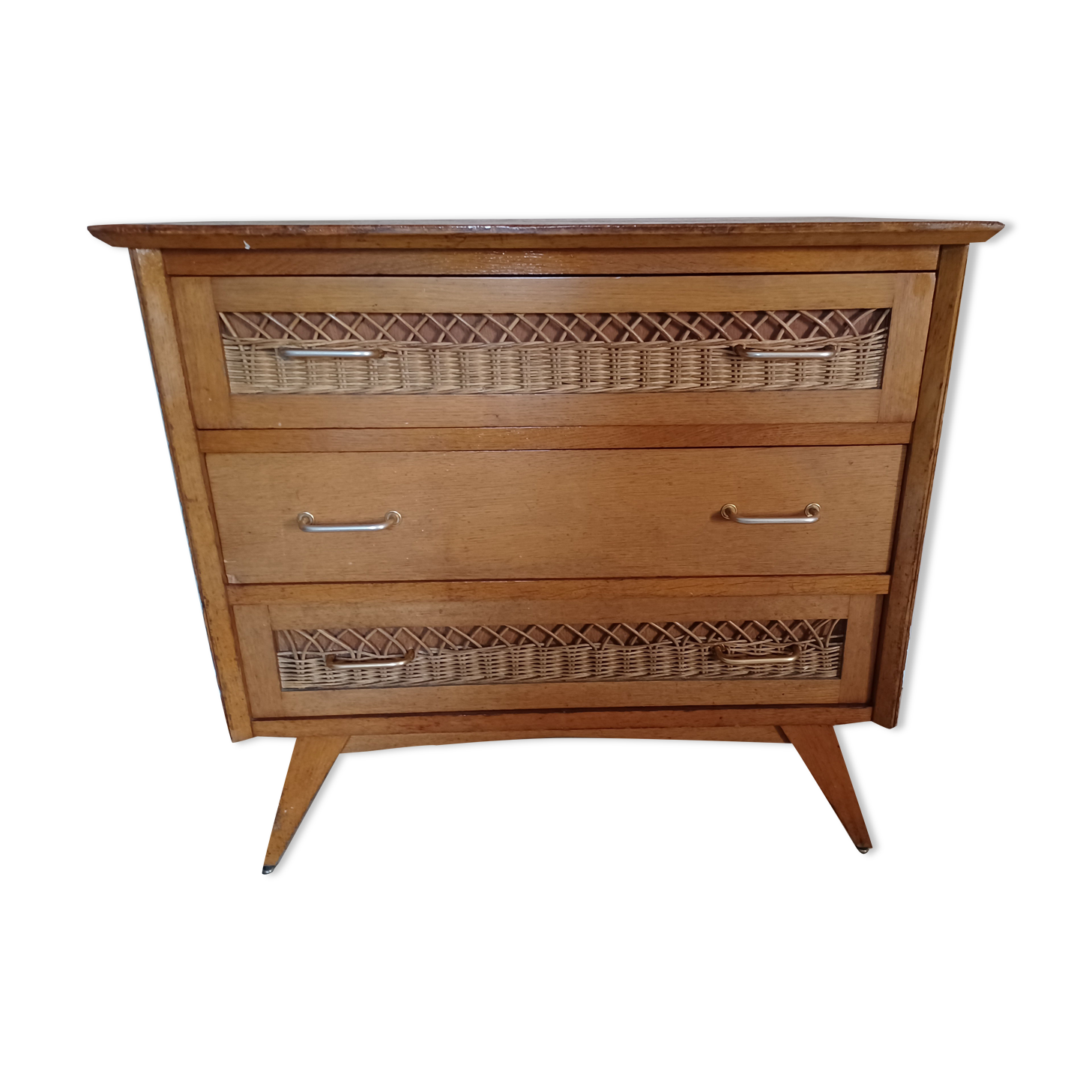 Commode bois et rotin vintage années 50
