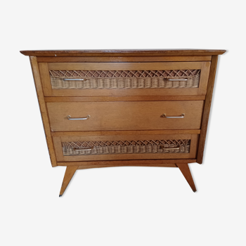 Commode bois et rotin vintage années 50