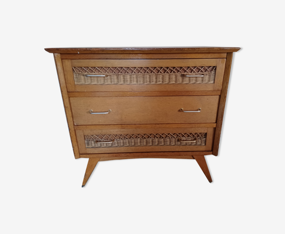 Dresser wood and rattan vintage 50s