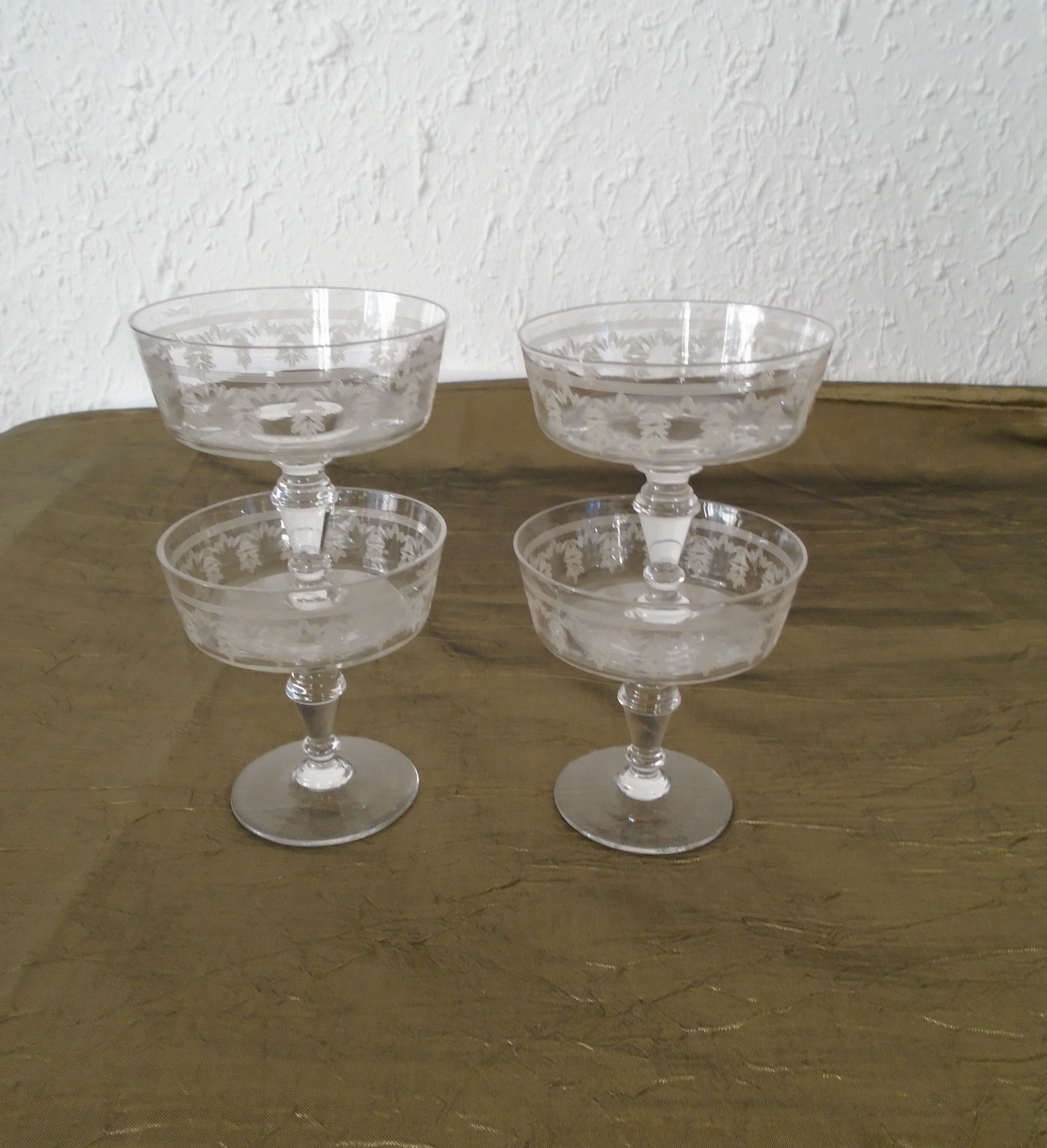 4 champagne glasses engraved crystal glass antique glass