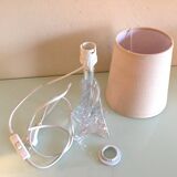 Bedside lamp with glass base and beige fabric lampshade / vintage 60s-70s