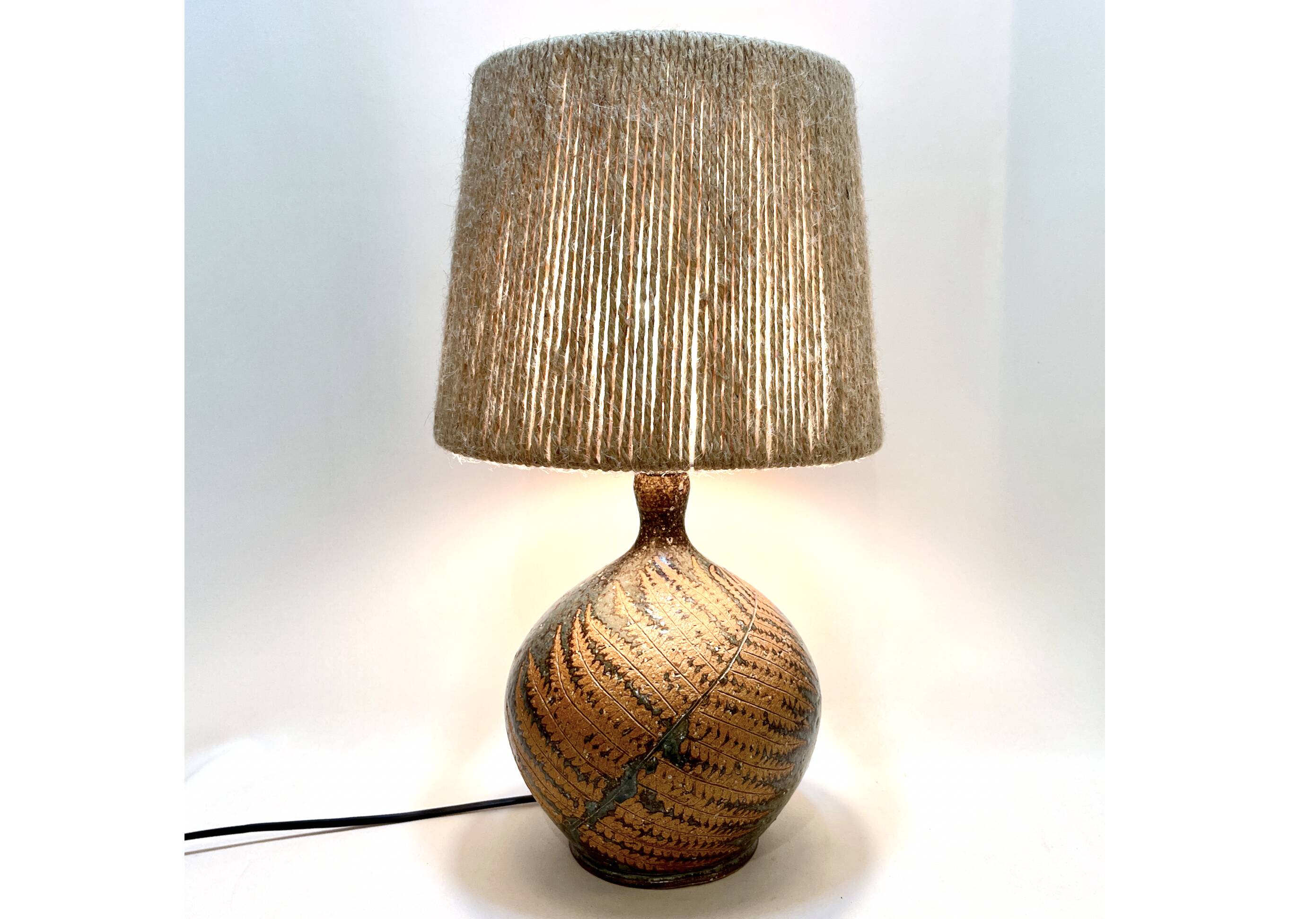 Vintage stoneware lamp by Alain Blanchard, 1970s, fern, rope shade