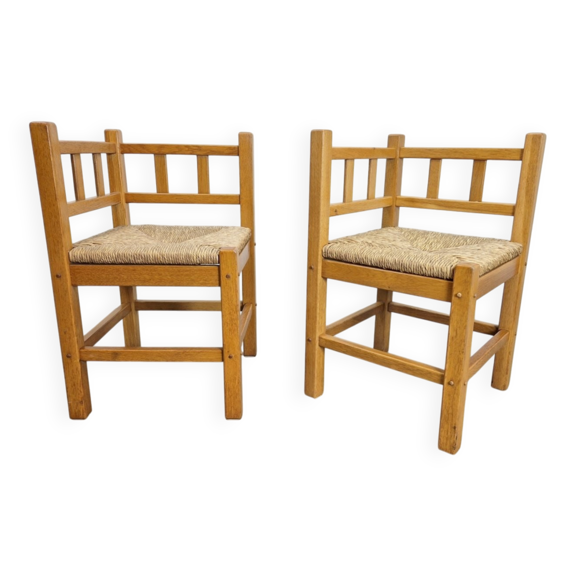 Dutch Modernist Art Deco Style Corner Chair in Oak and Rush, 1950s, Set of 2