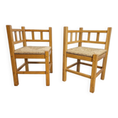 Chaises d'angle en chêne et paille de style Art Déco moderniste néerlandais, années 1950, ensemble de 2