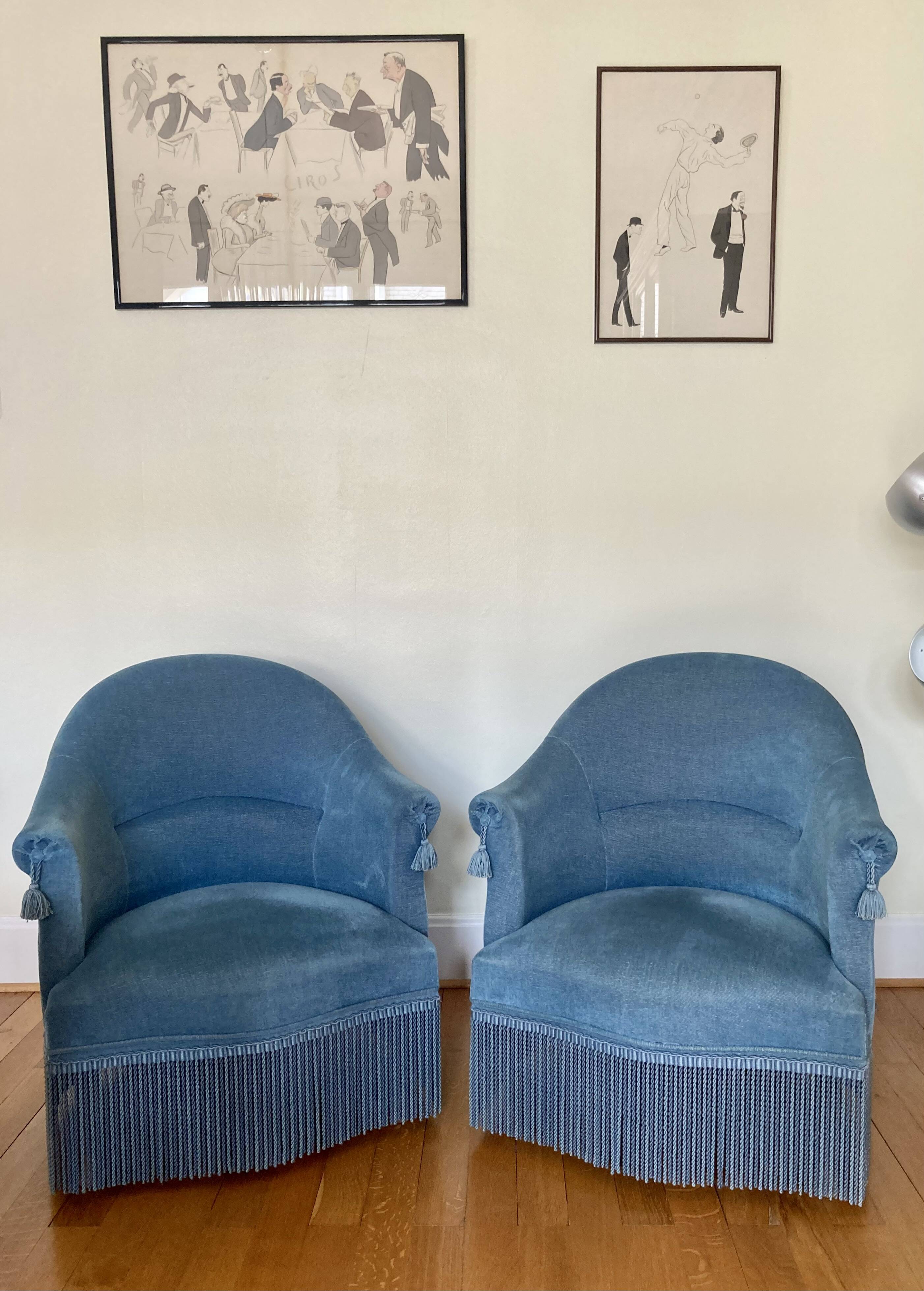 Pair of blue velvet toad armchairs from the 60s