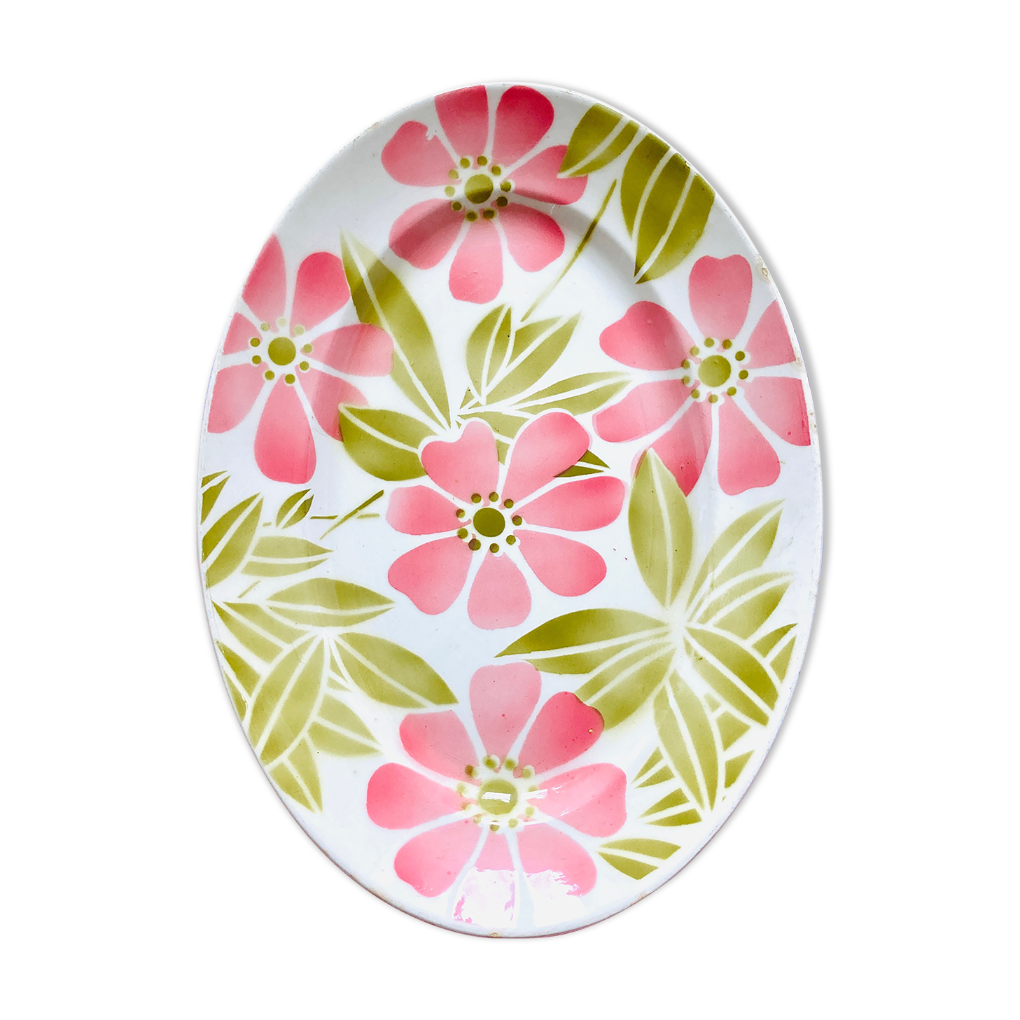 Dish digoin sarreguemines with pink and green ceramic flowers - old-retro -kitchen