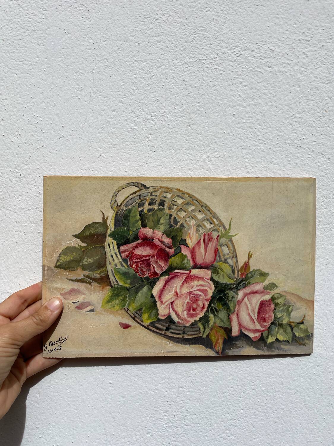 Painting basket of roses bouquet 1945 signed