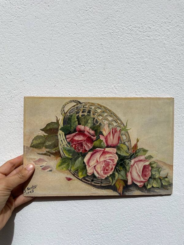 Tableau panier de roses, bouquet, 1945 signé
