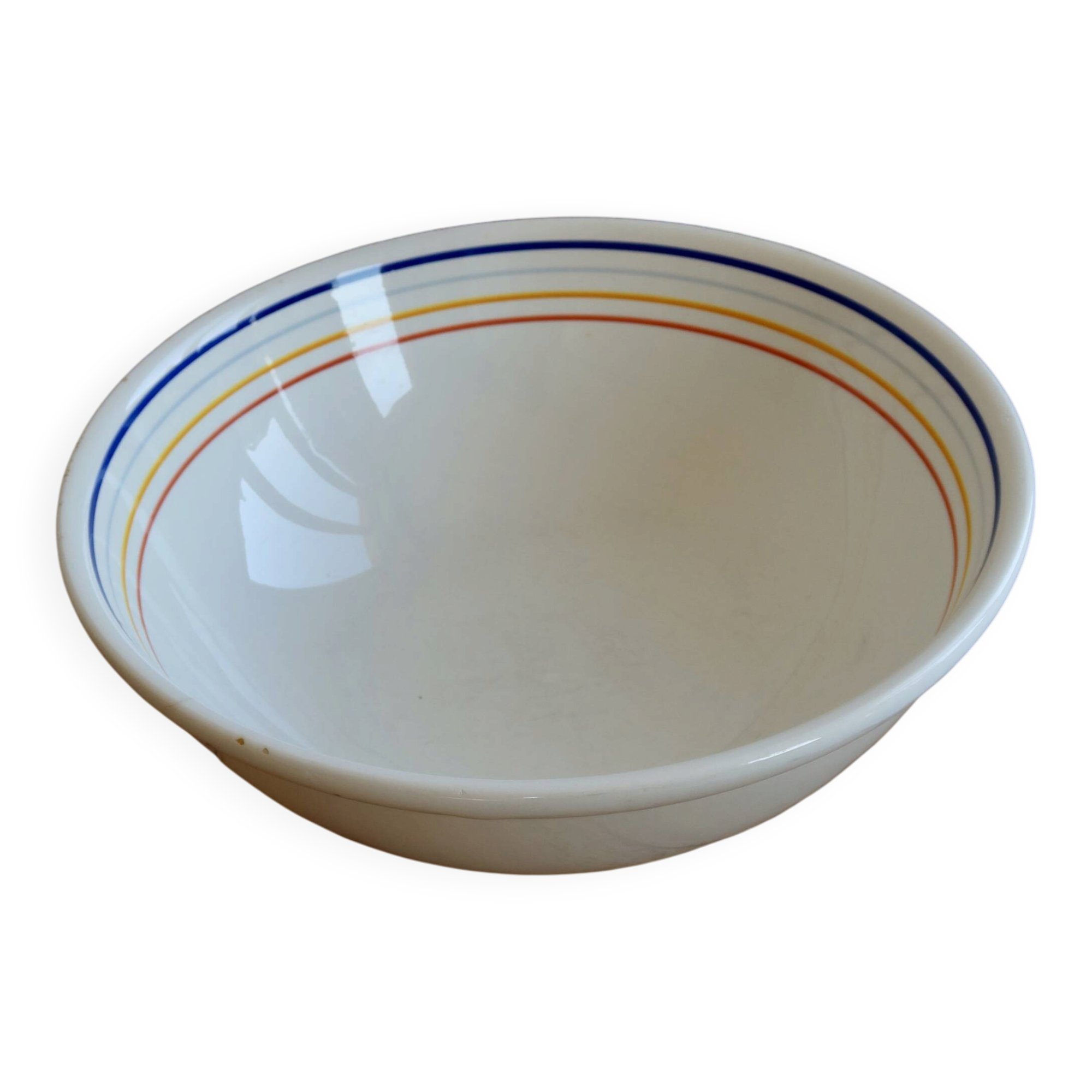 Vintage porcelain salad bowl with multicoloured borders.