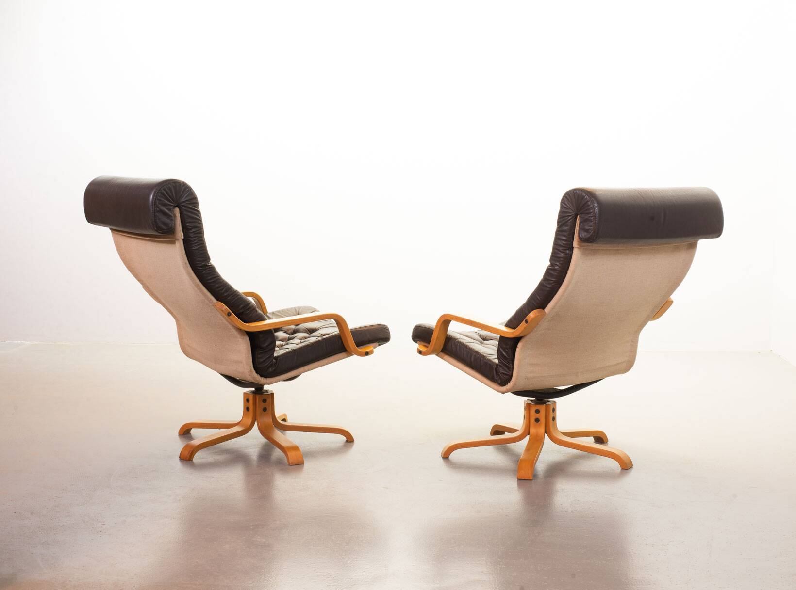Noboru Nakamura Design Chocolate Brown Padded Leatherette Swivel Chairs 70s