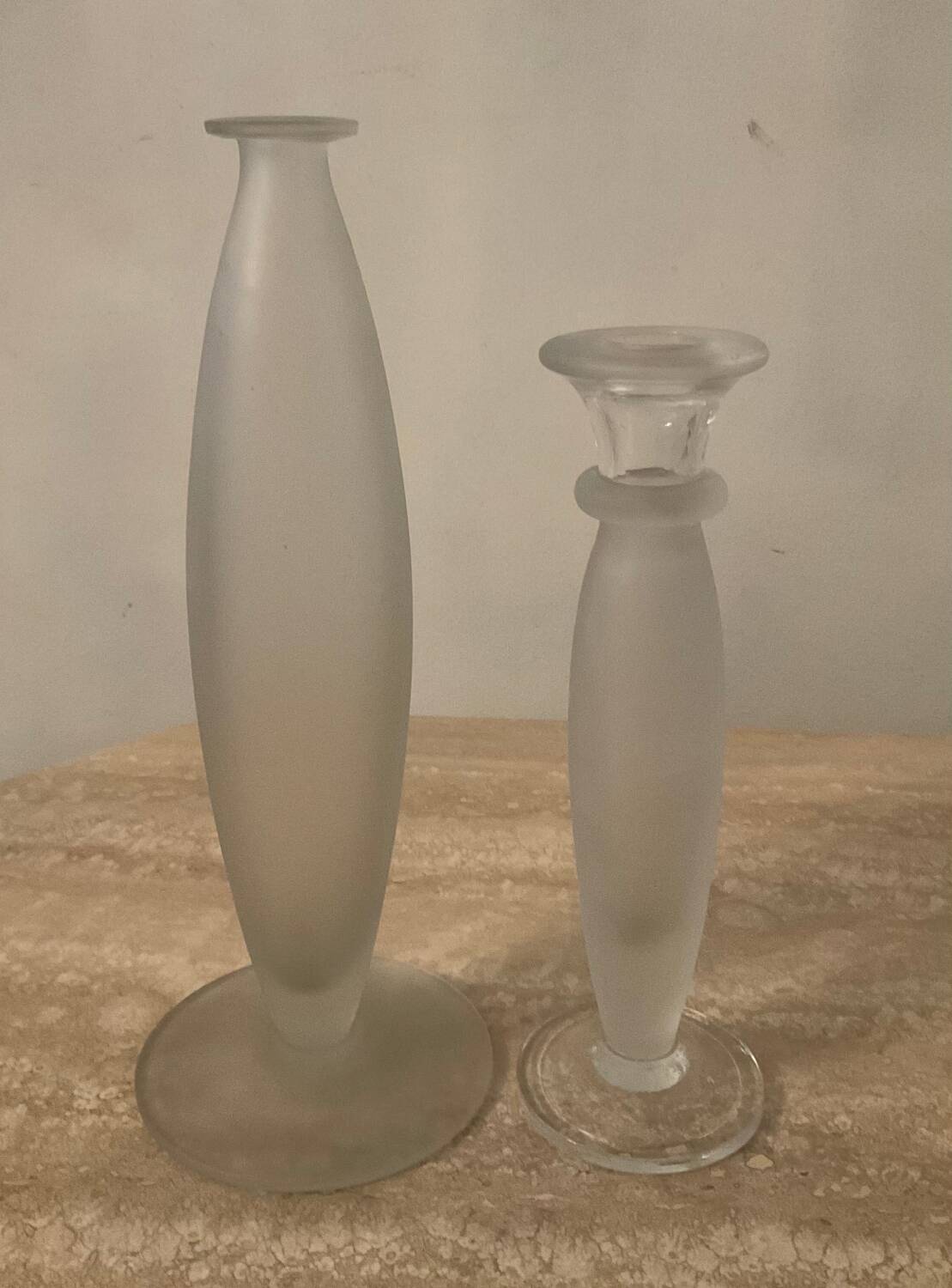 Duo of vintage soliflore vases in frosted glass