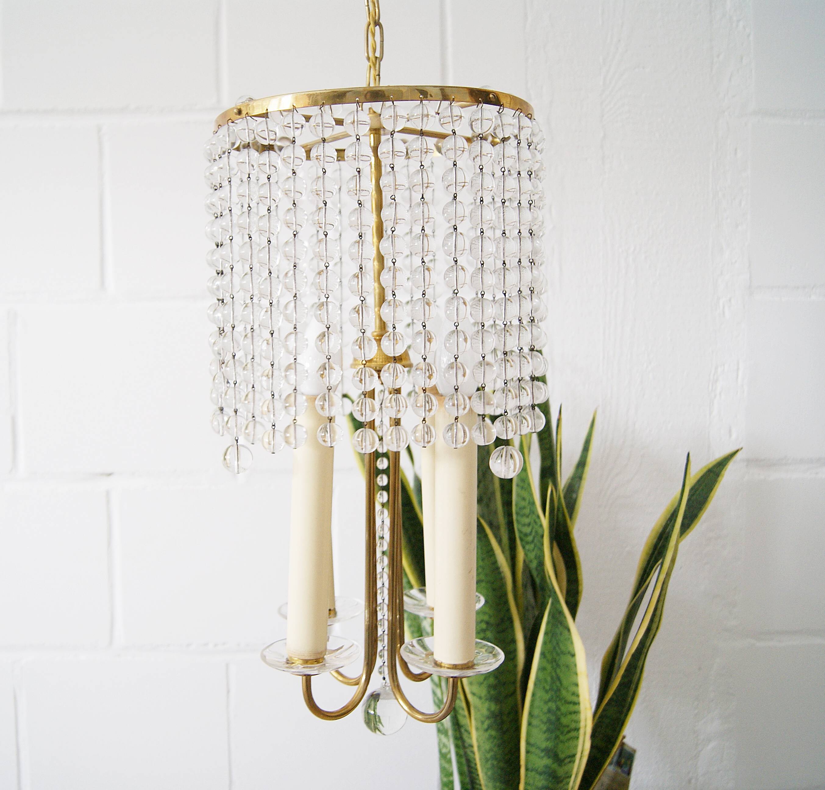 Chandelier antique four flames with glass beads, brass, boho lamp