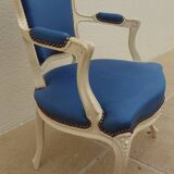 Cabriolet armchair in lacquered wood trimmed in blue satin, Louis XV style