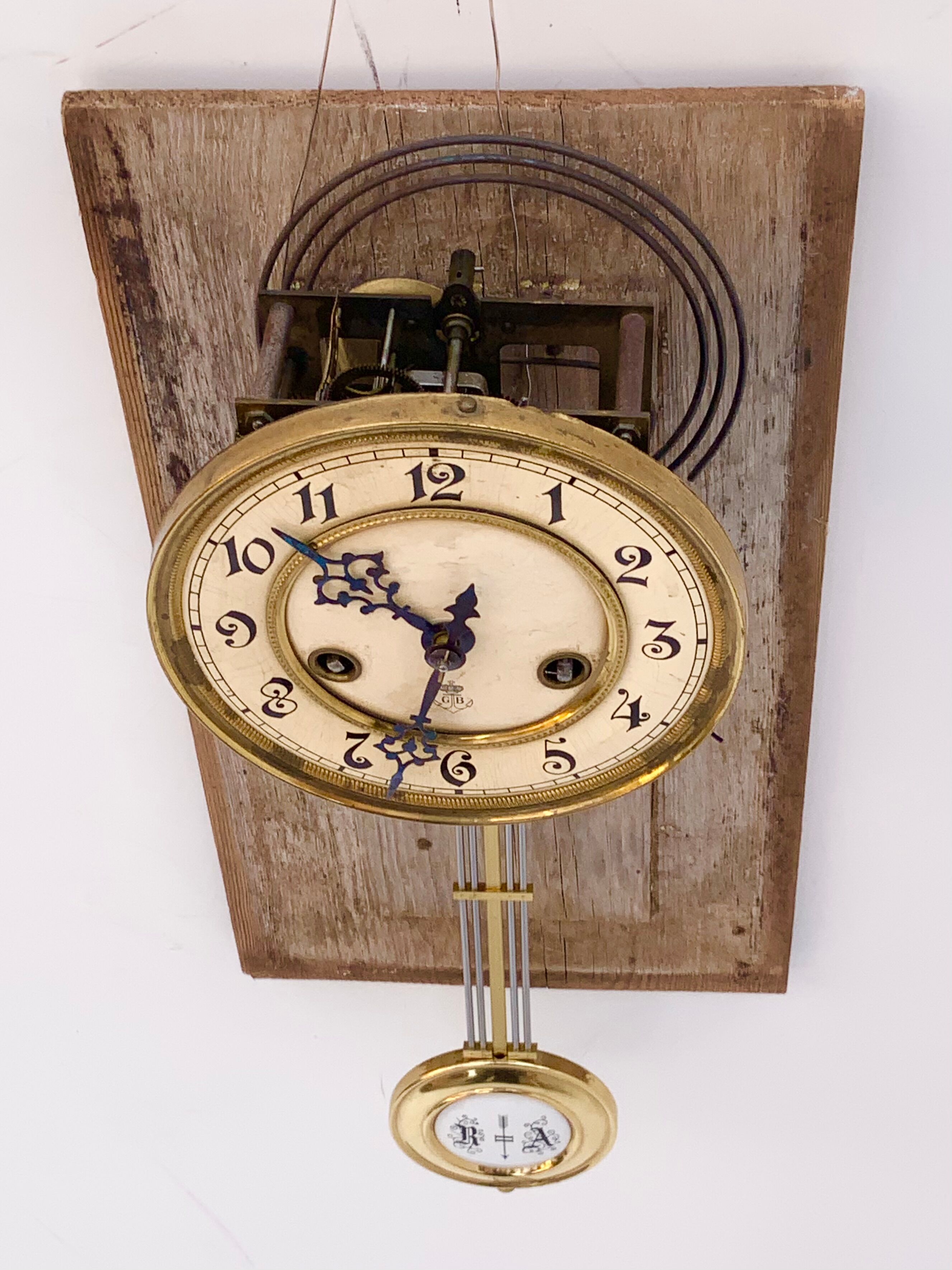 Antique Gustav Becker German Wall clock movement, Wood base, GB Movement 1900s