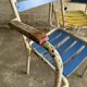 Vintage white metal and lacquered wood garden chairs from the 1970s — set of 3, multicoloured slats.