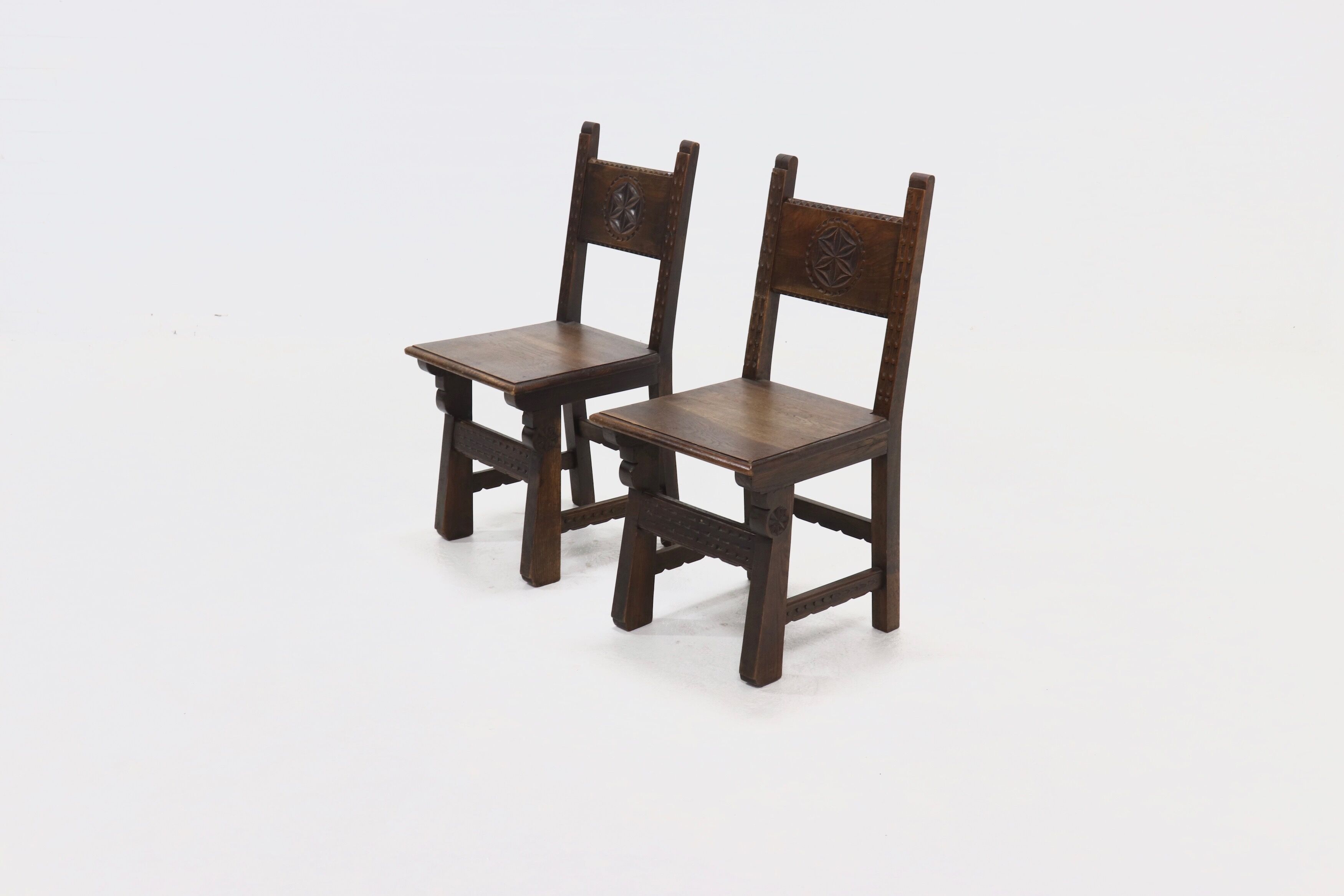 Set of 2 19th Century Spanish Hand Carved Oak Chairs