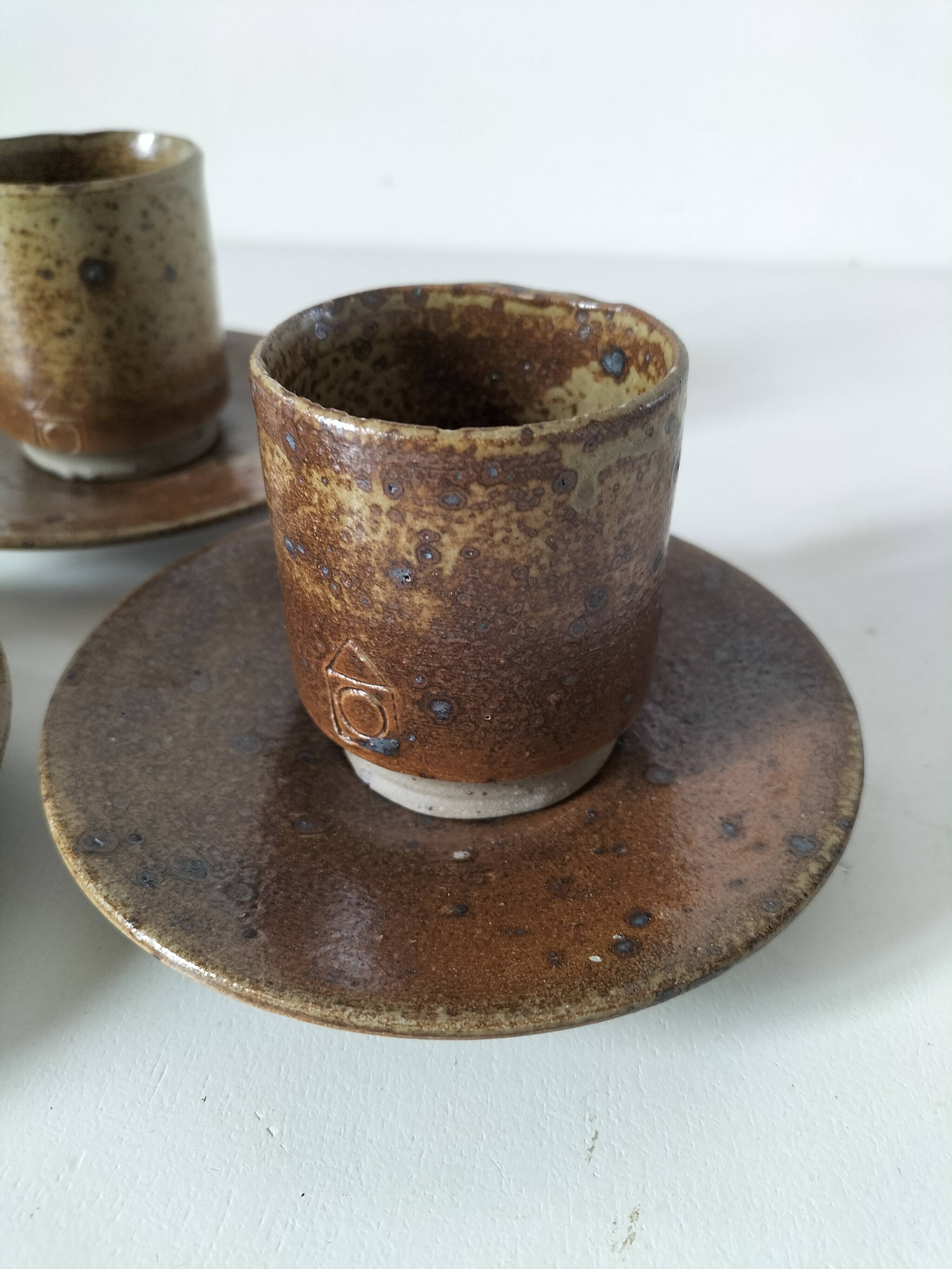Set of three cups and saucers in pyrite stoneware - Charles Gaudry, Puisaye