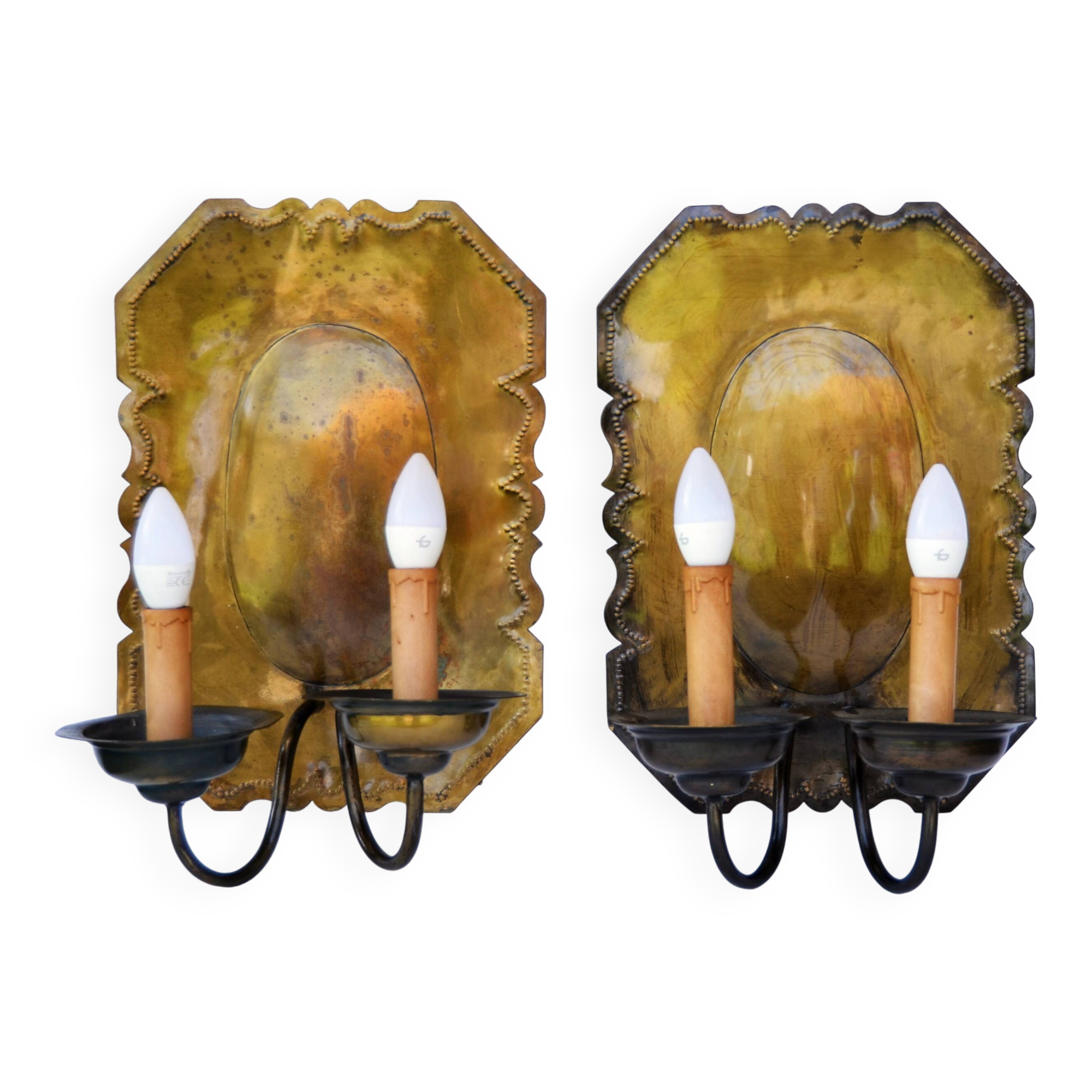 Pair of Dutch Sconces Repusse Brass Two Light Wall Moun