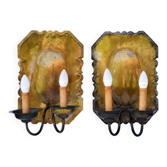 Pair of Dutch Sconces Repusse Brass Two Light Wall Moun