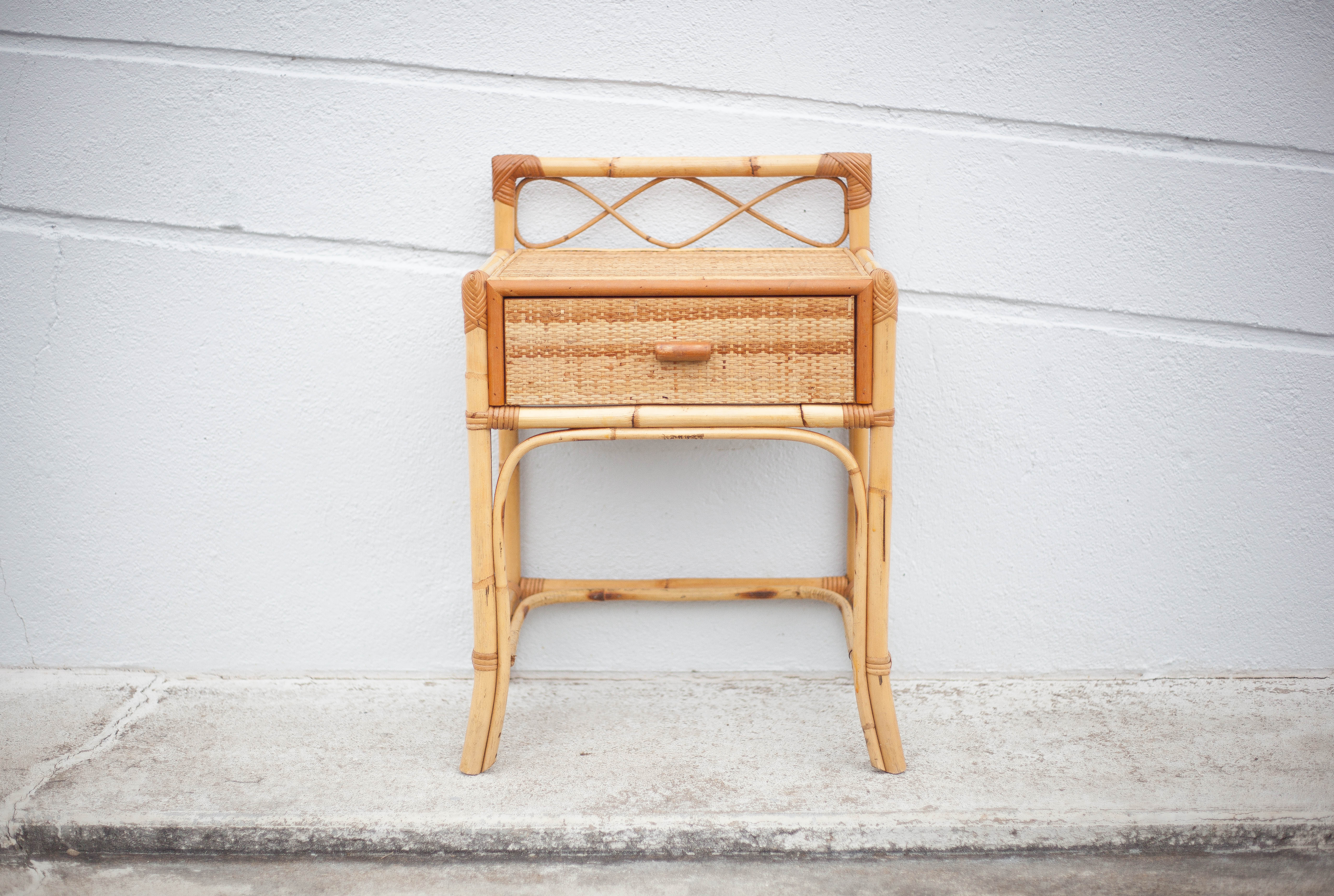 Rattan bedside table, wicker nightstand, end of sofa, interior decoration