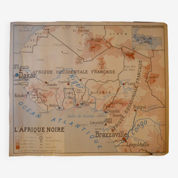 Carte pédagogique scolaire ancienne "L'Afrique Noire", éd. Nalliers, années 1950