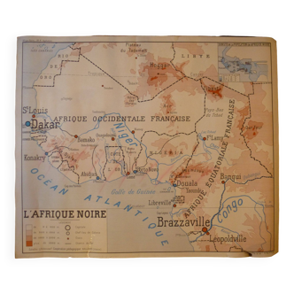 Carte pédagogique scolaire ancienne "L'Afrique Noire", éd. Nalliers, années 1950