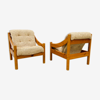 Paire de fauteuils en bois de pin et laine de Domino Møbler, ensemble de 2.