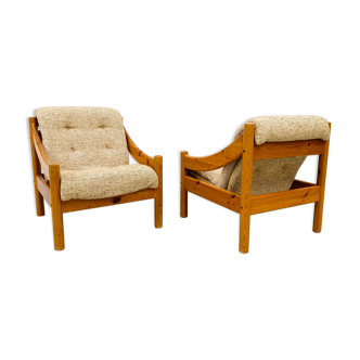 Danish armchairs in pine wood and wool by Domino Møbler, set of 2.