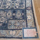 Handcrafted oriental blue and white rug Tunisia vintage fringes