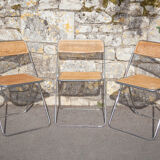 Set of 3 folding chairs in rattan and chromed metal, vintage chair, design, 60's