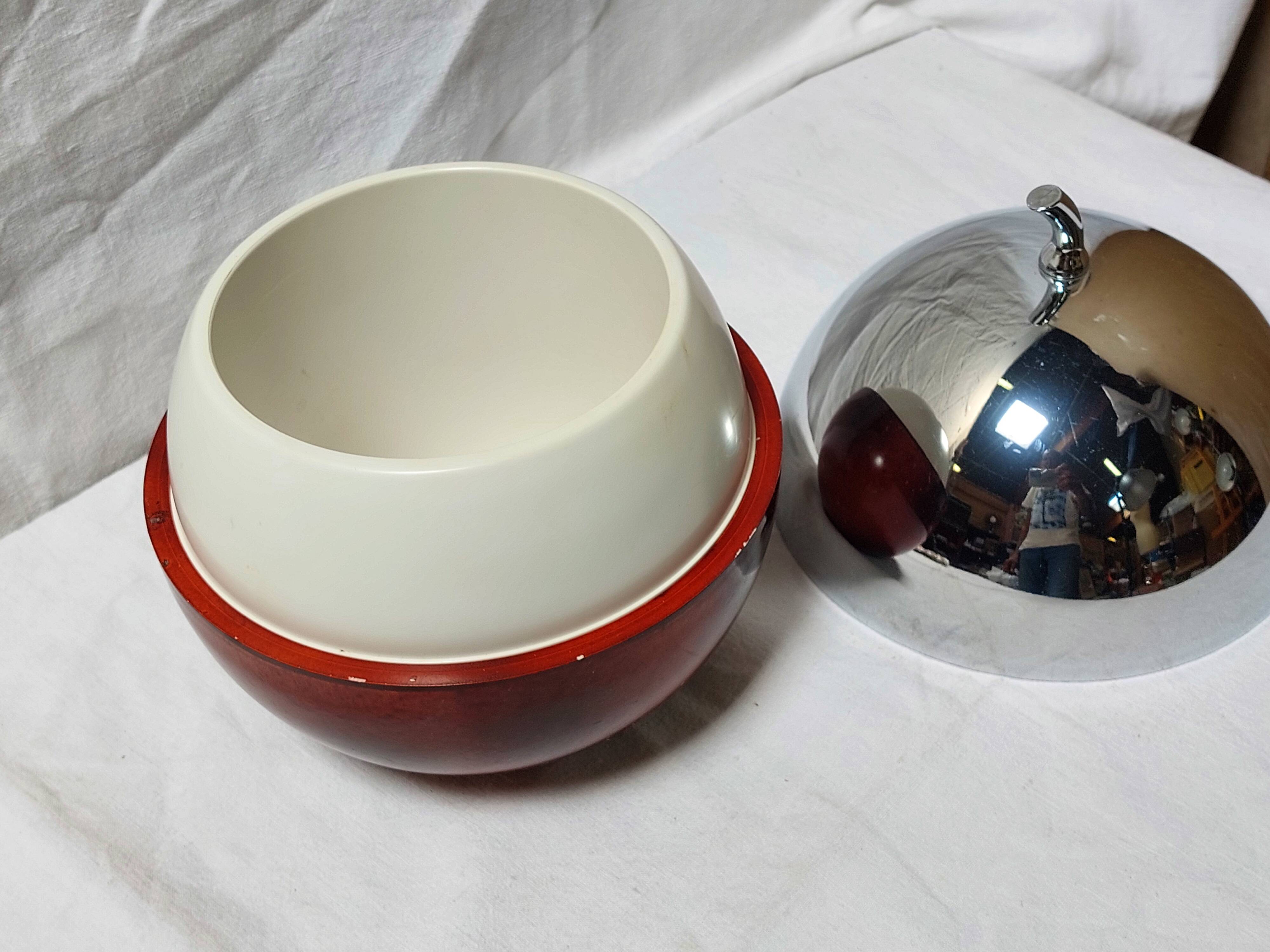 Ice bucket in the shape of an apple, chrome metal and red Bakelite, France, 70s