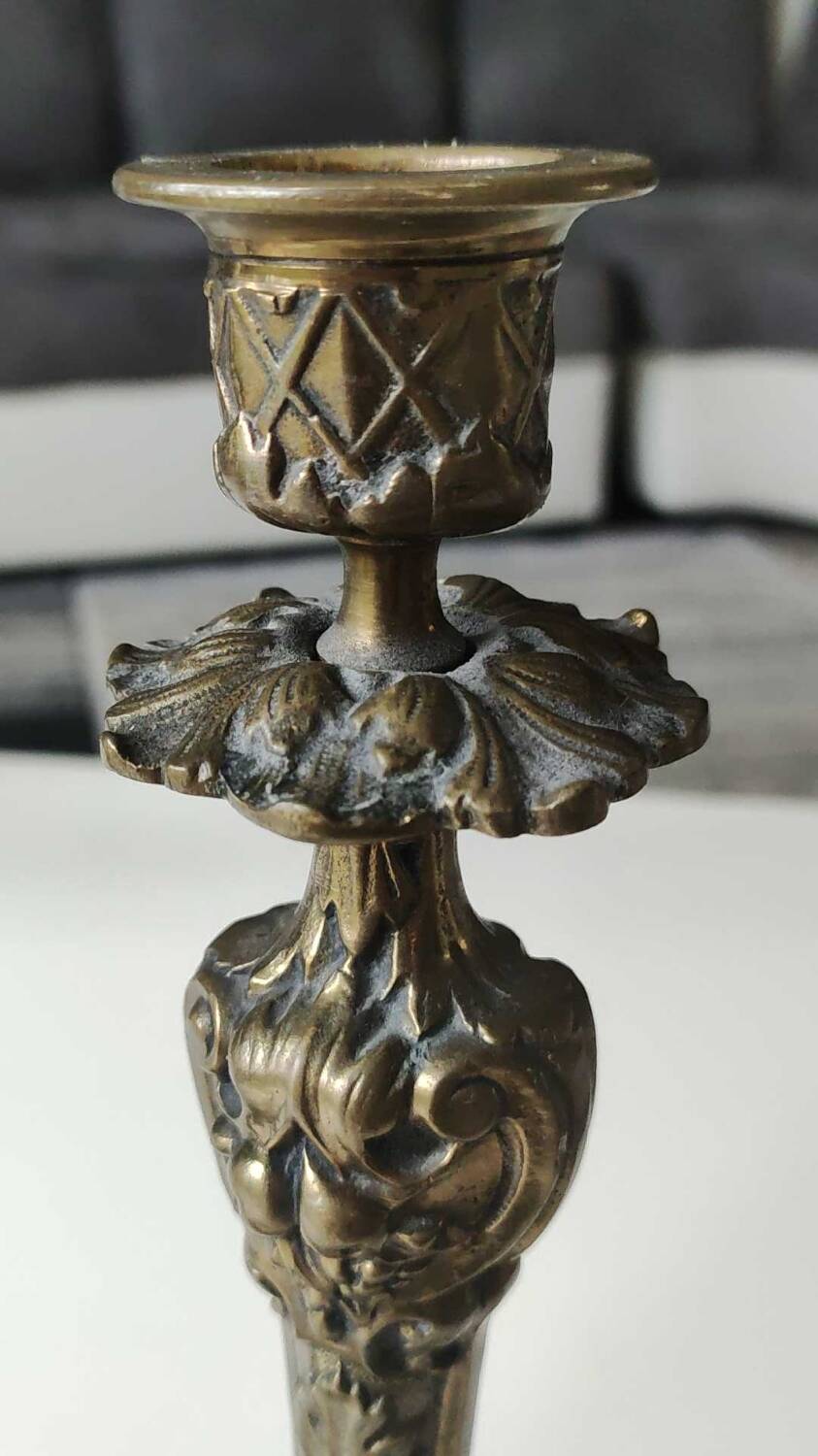 Pair of Antique Flambeaux Candlesticks/Baroque Style, Rocaille. In gilded bronze. 19th century