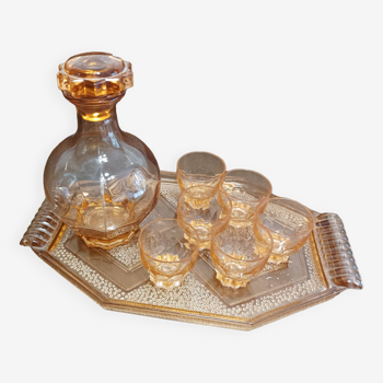 Ensemble apéritif plateau carafe et 6 verres - verre rose épais - art déco