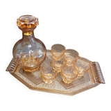 Aperitif set carafe tray and 6 glasses - thick pink glass - art deco